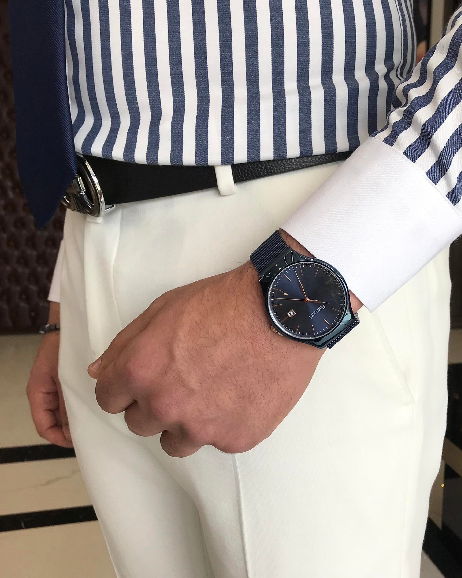 İtalyan stil slim fit çizgili erkek kravat yaka gömlek lacivert T9228