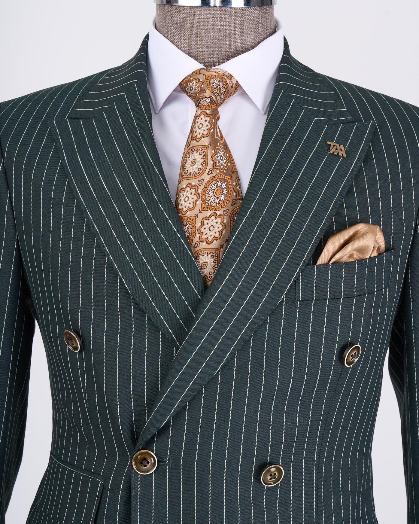 İtalyan stil slim fit çizgili kruvaze ceket pantolon takım elbise yeşil T13062