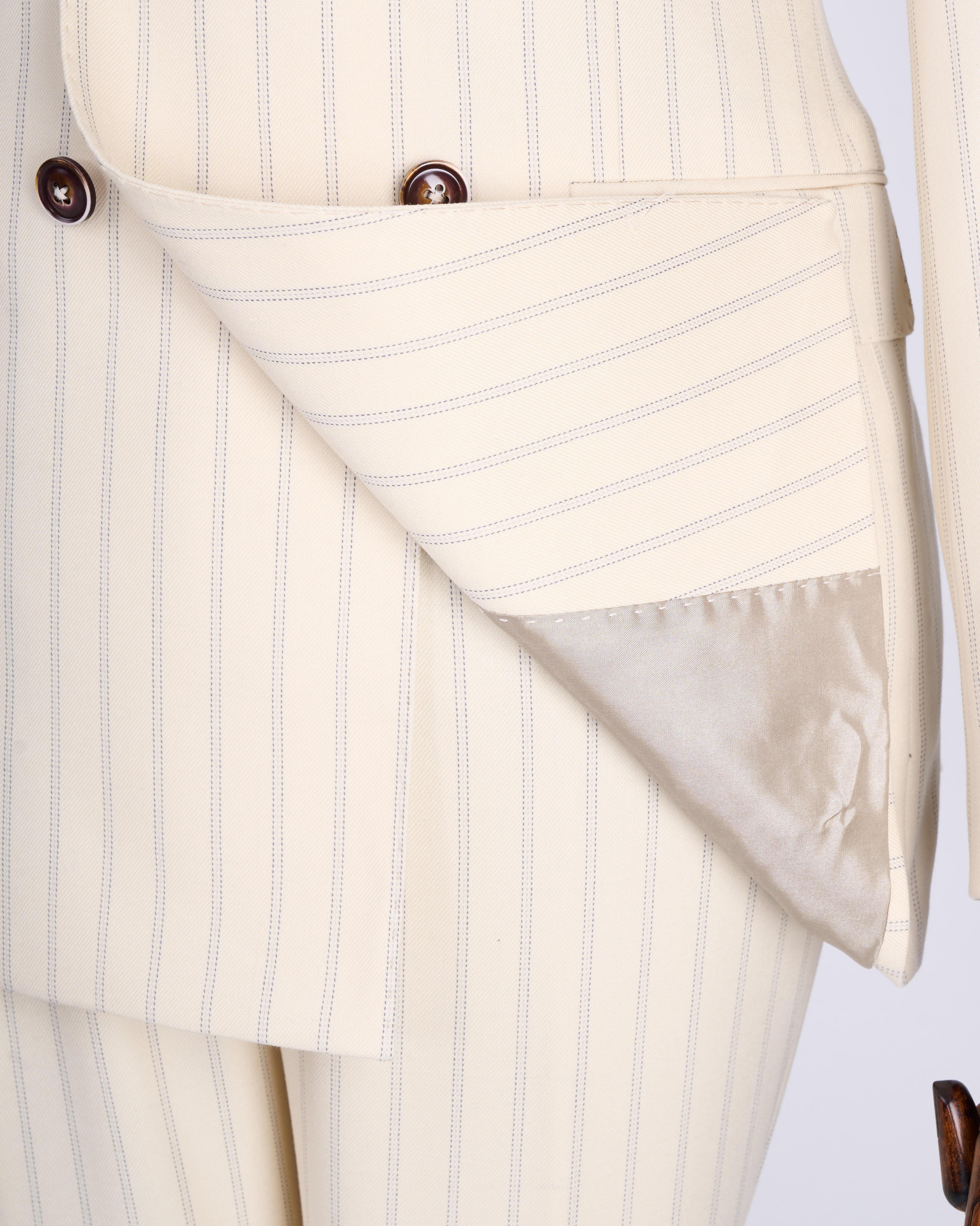 İtalyan stil slim fit çizgili kruvaze ceket pantolon takım elbise bej T13490