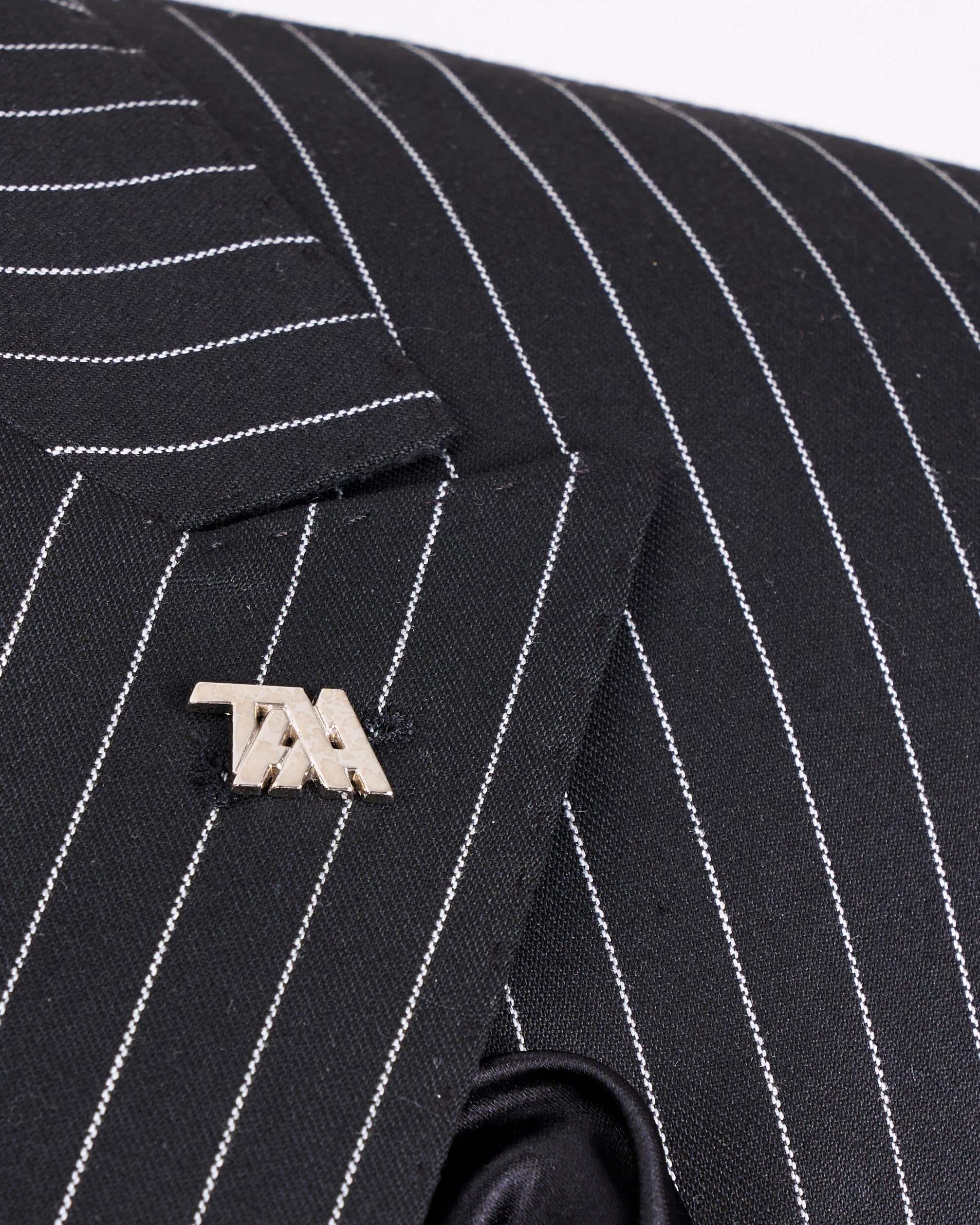 İtalyan stil slim fit çizgili kruvaze ceket pantolon takım elbise siyah T13059