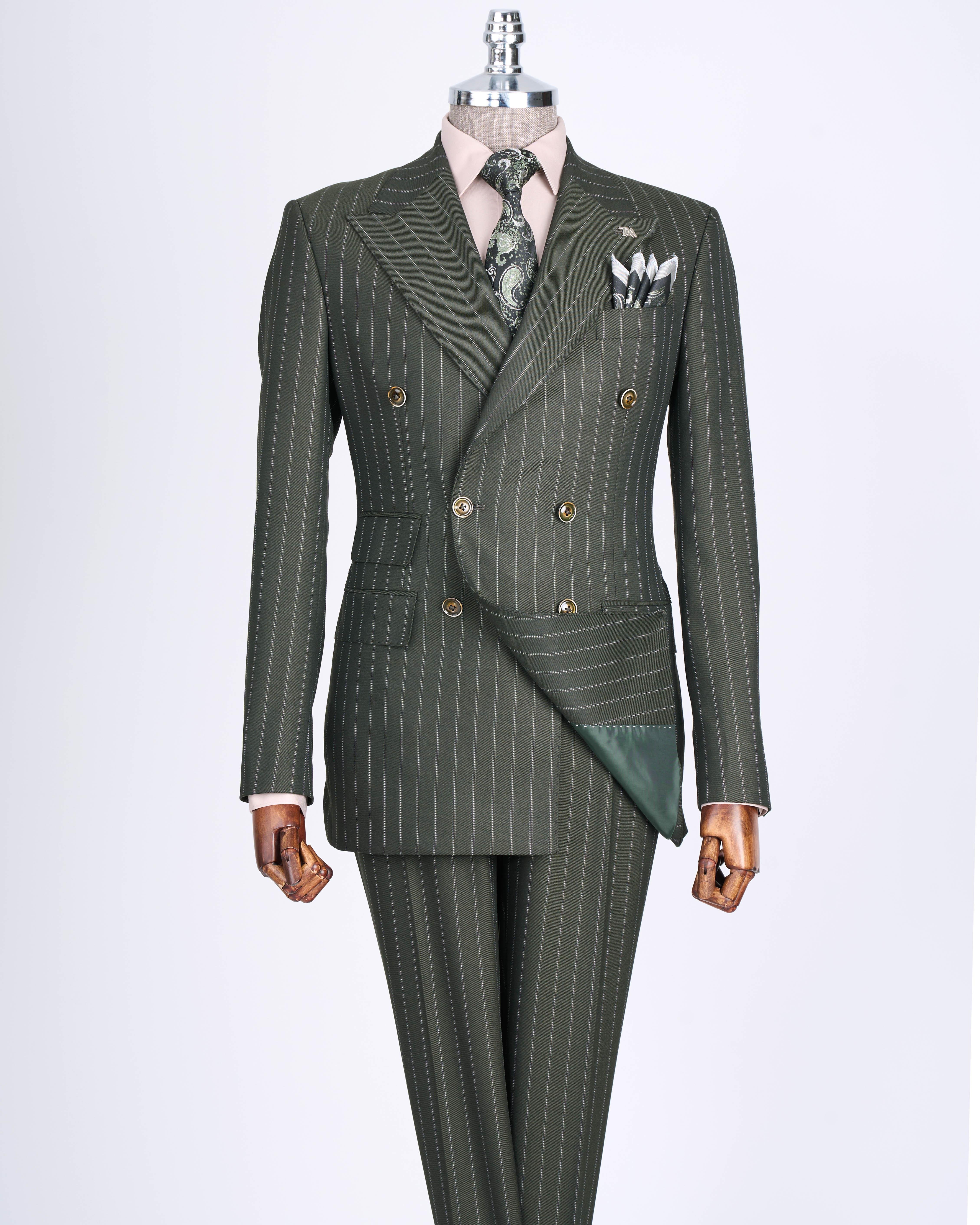 İtalyan stil slim fit çizgili kruvaze ceket pantolon takım elbise yeşil T13492