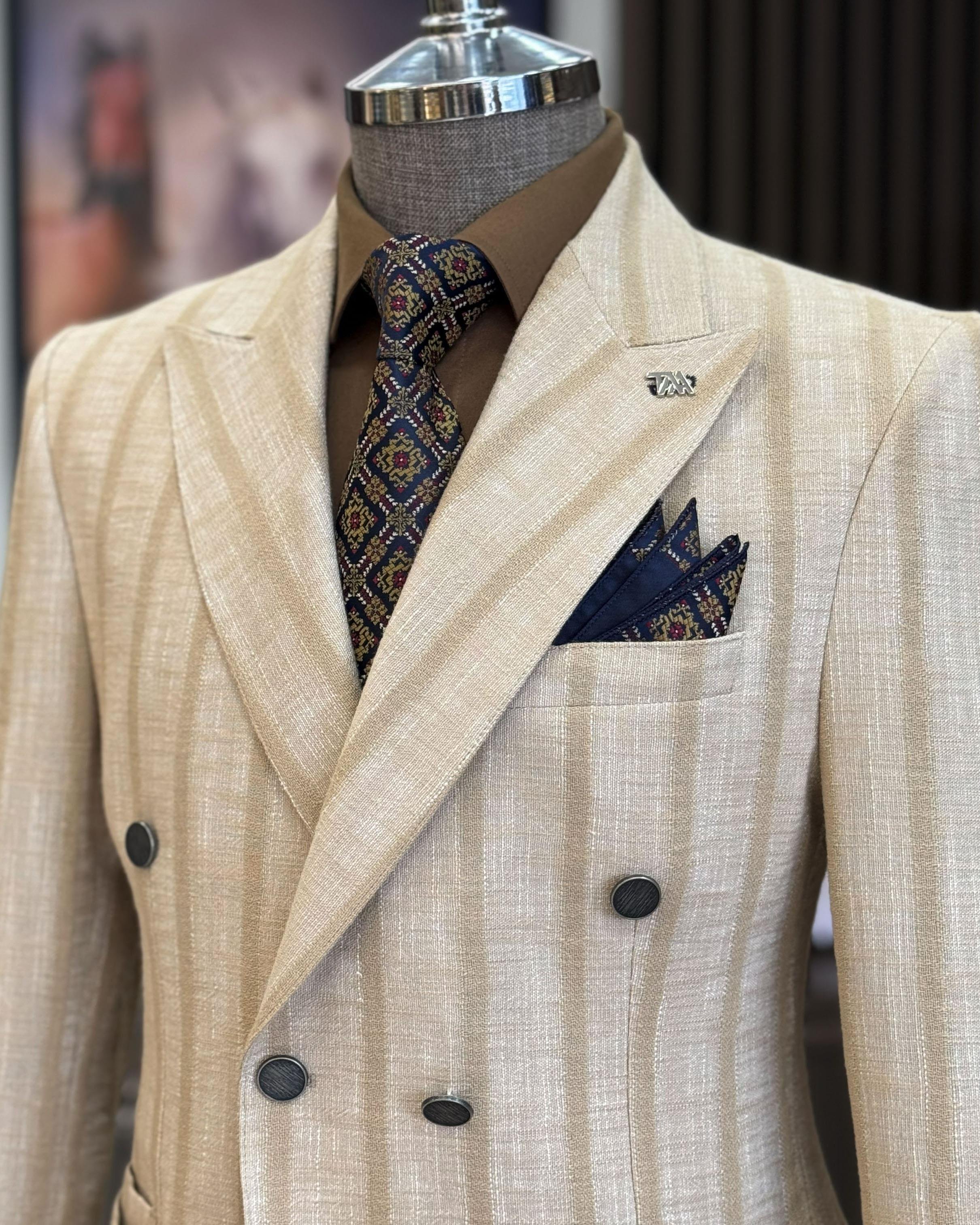 İtalyan stil slim fit çizgili kruvaze erkek ceket bej T12069