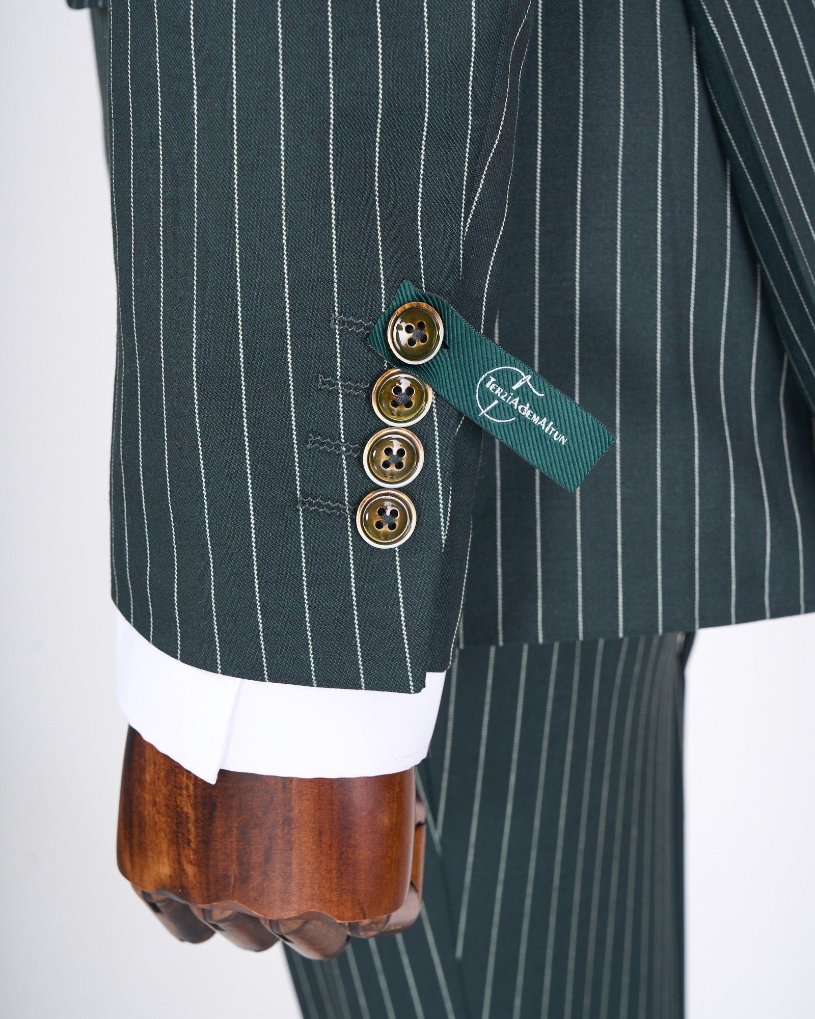 İtalyan stil slim fit çizgili kruvaze ceket pantolon takım elbise yeşil T13062