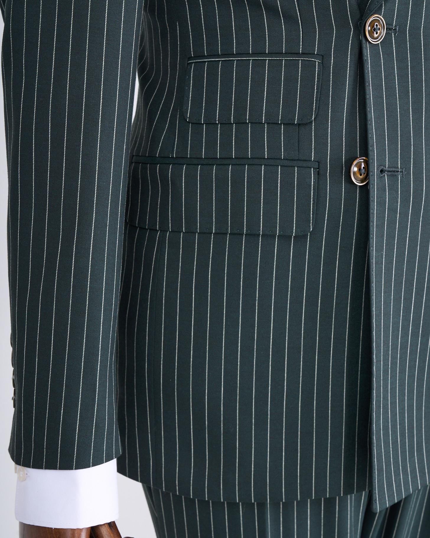 İtalyan stil slim fit çizgili kruvaze ceket pantolon takım elbise yeşil T13062
