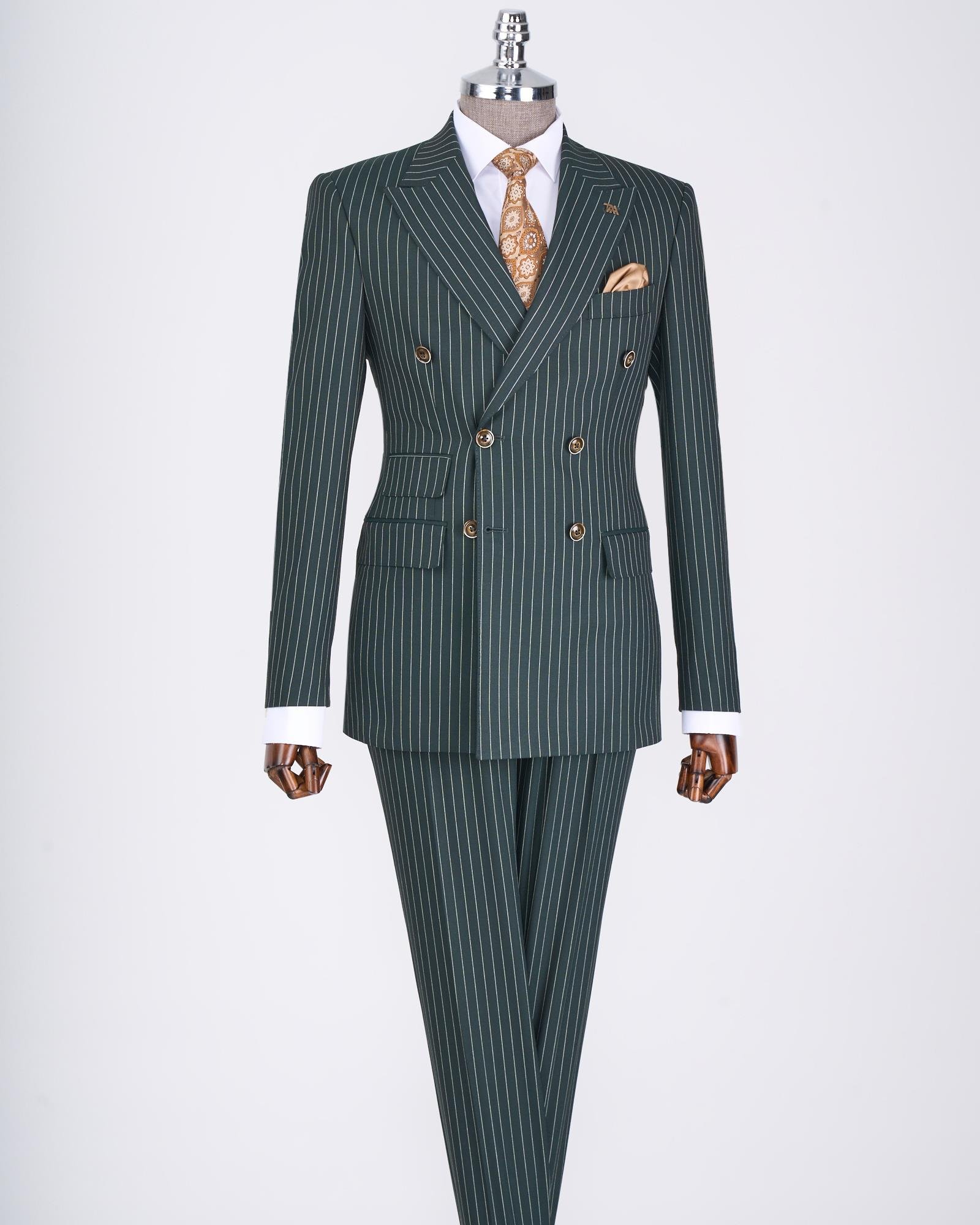 İtalyan stil slim fit çizgili kruvaze ceket pantolon takım elbise yeşil T13062