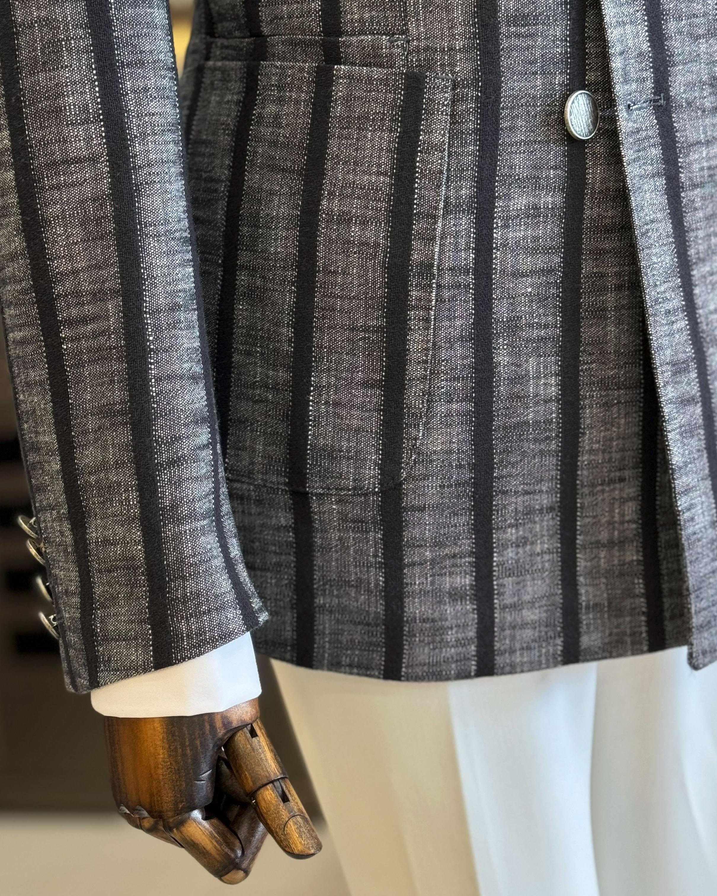 İtalyan stil slim fit çizgili kruvaze erkek ceket siyah T12070