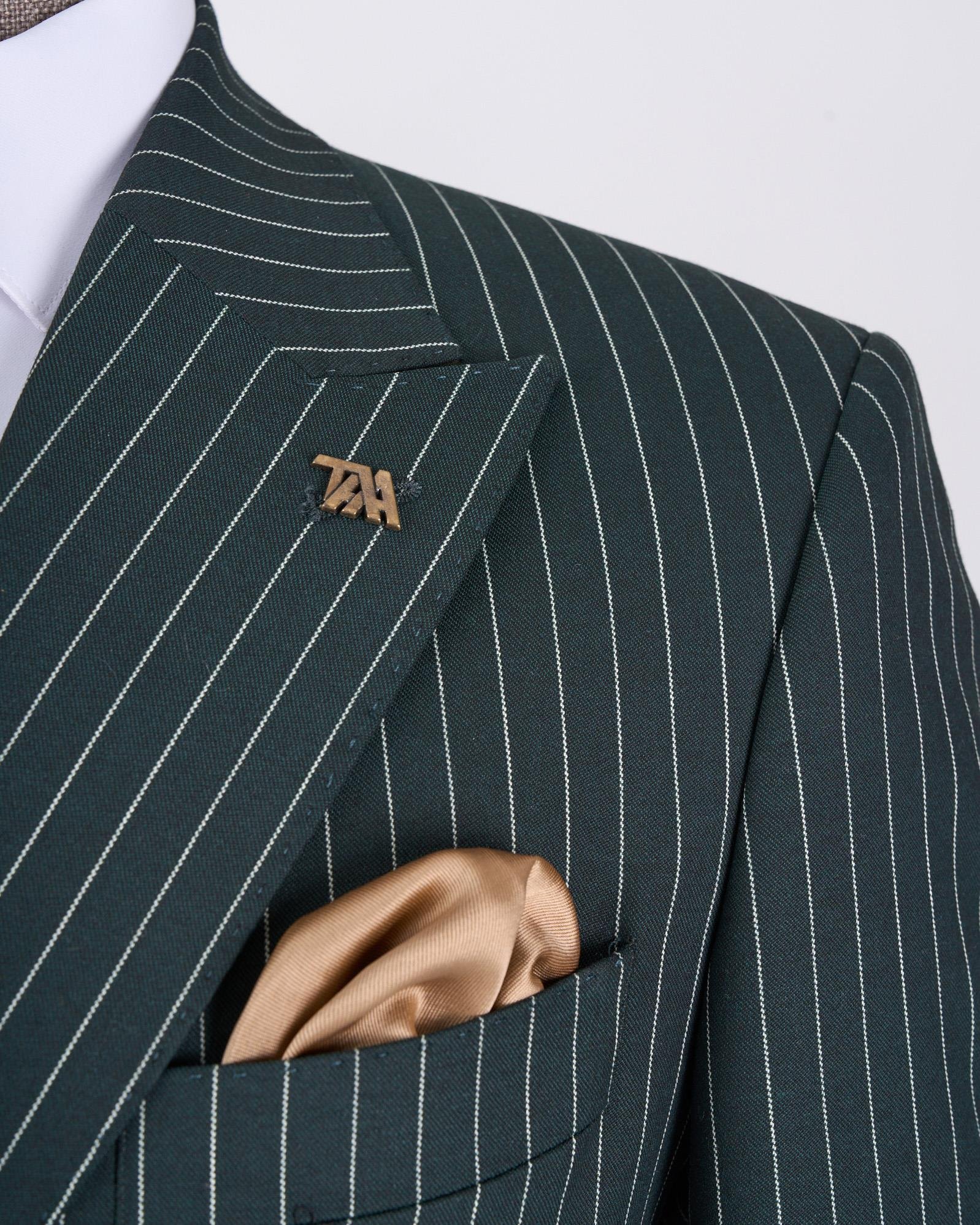 İtalyan stil slim fit çizgili kruvaze ceket pantolon takım elbise yeşil T13062