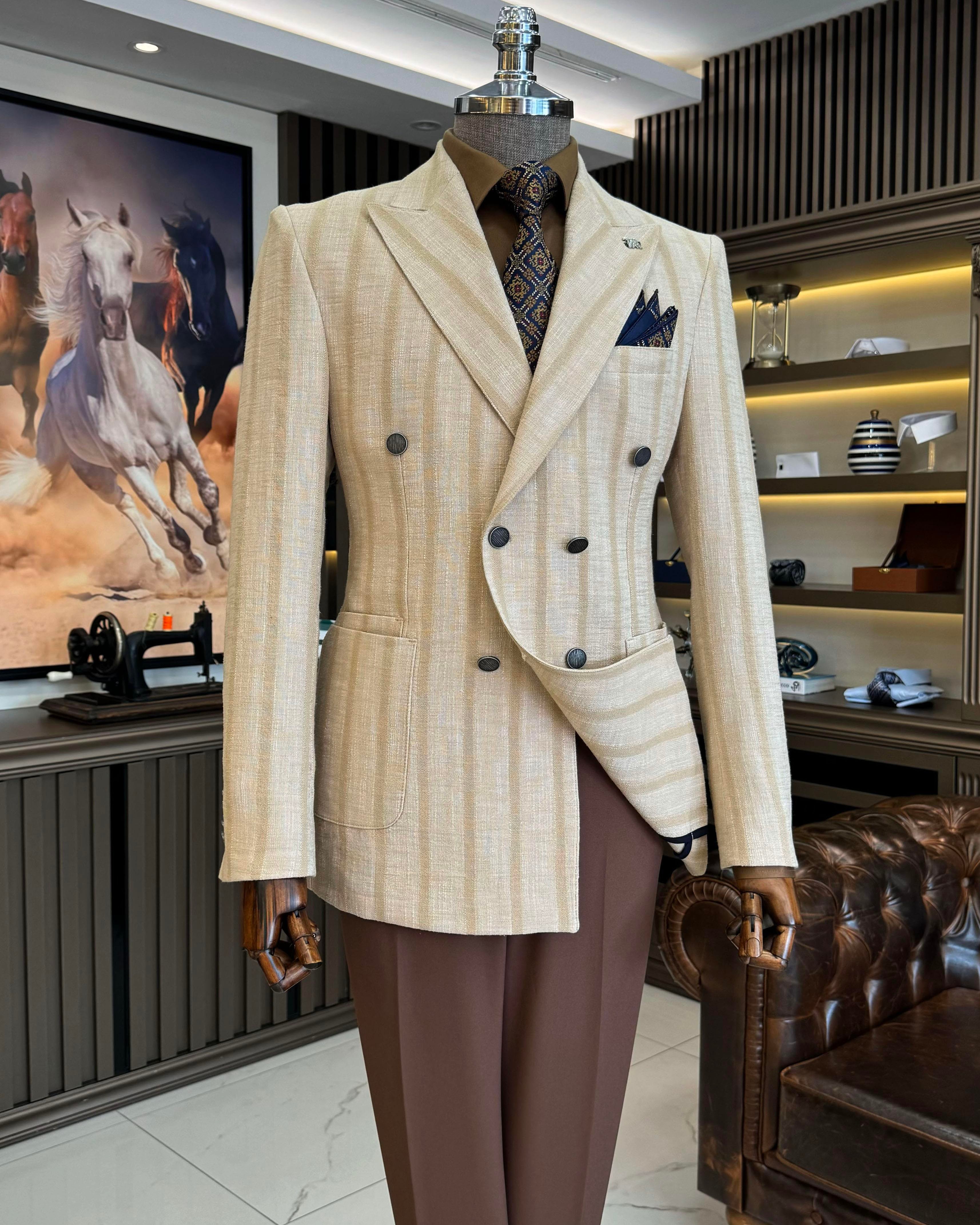 İtalyan stil slim fit çizgili kruvaze erkek ceket bej T12069