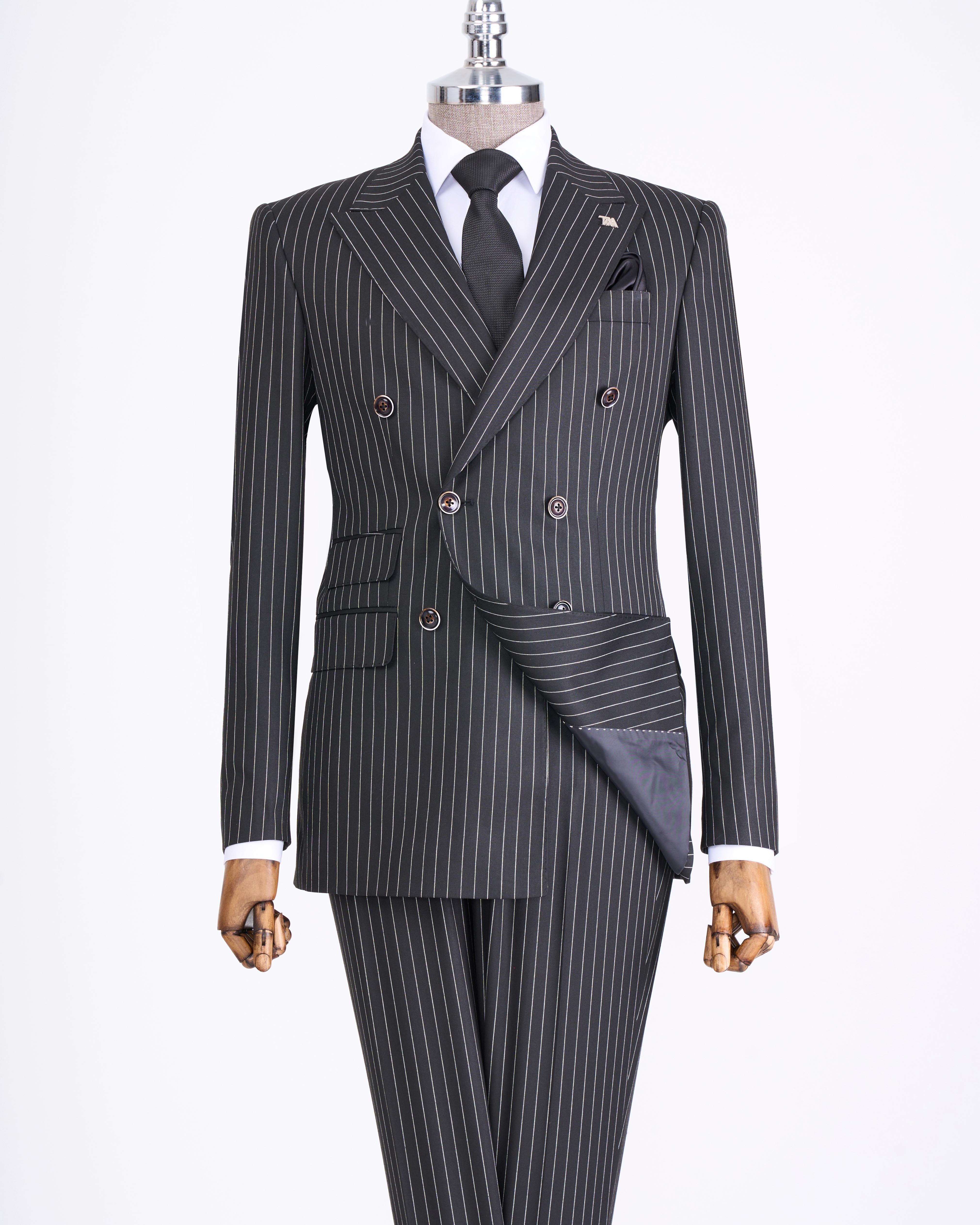 İtalyan stil slim fit çizgili kruvaze ceket pantolon takım elbise siyah T13059