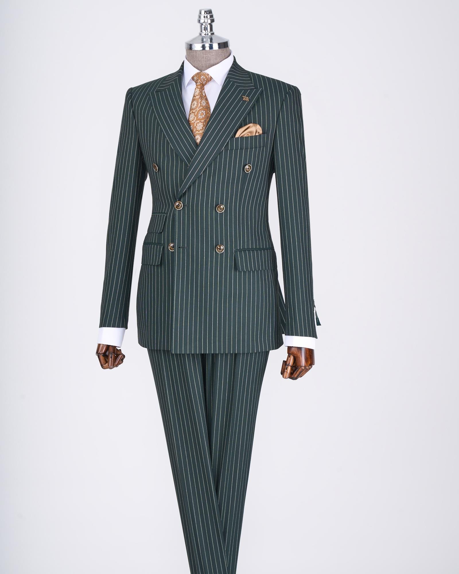 İtalyan stil slim fit çizgili kruvaze ceket pantolon takım elbise yeşil T13062