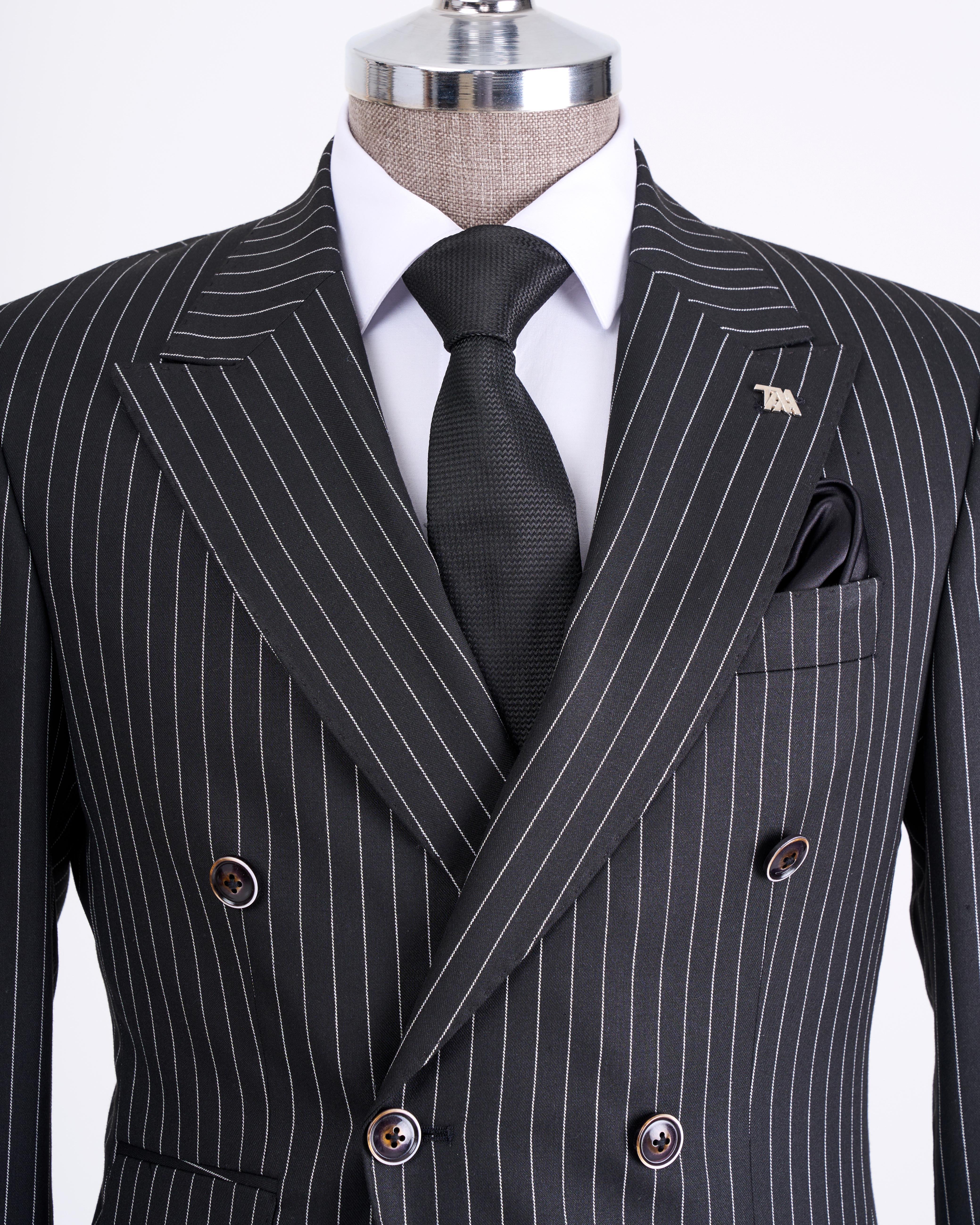 İtalyan stil slim fit çizgili kruvaze ceket pantolon takım elbise siyah T13059