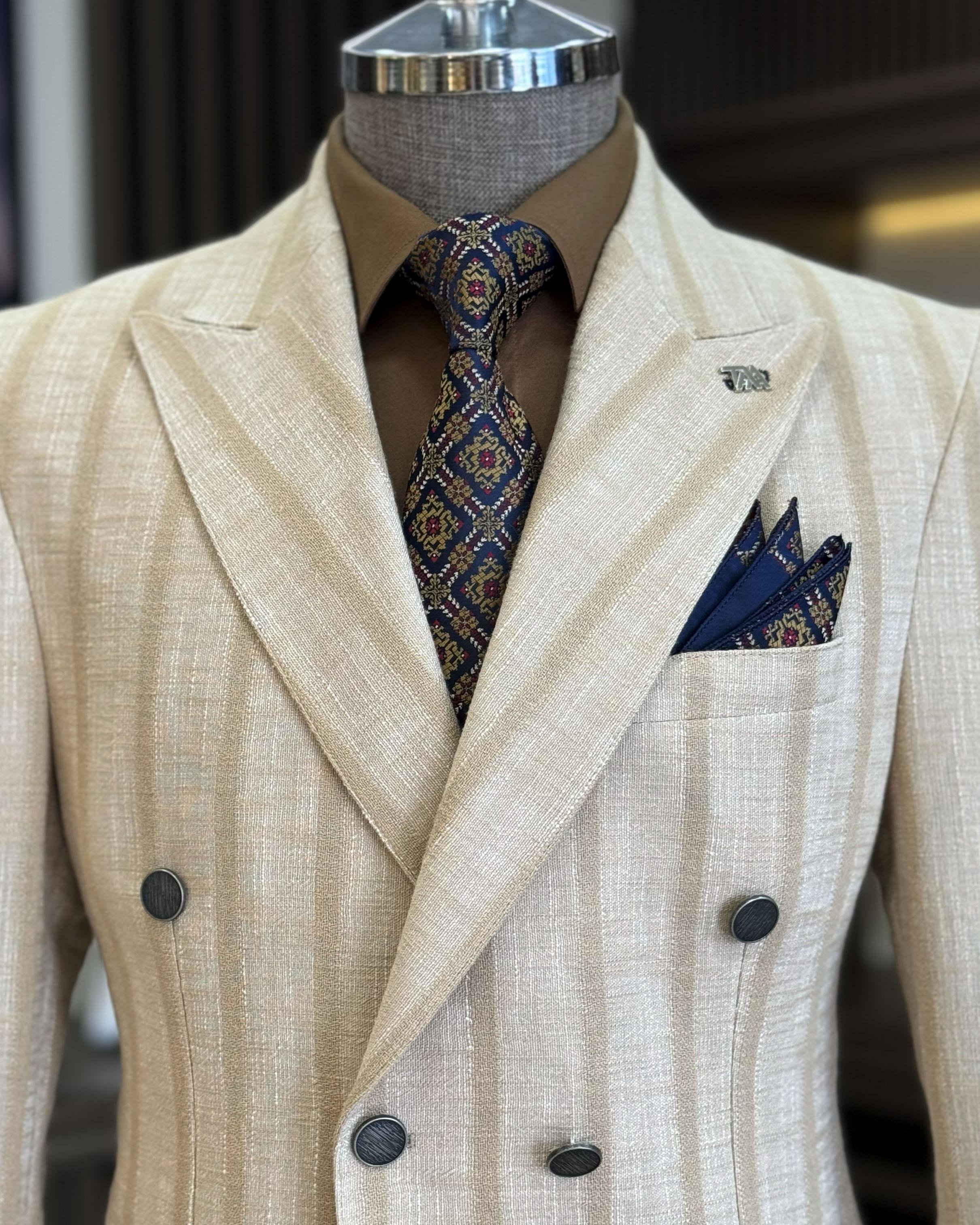 İtalyan stil slim fit çizgili kruvaze erkek ceket bej T12069