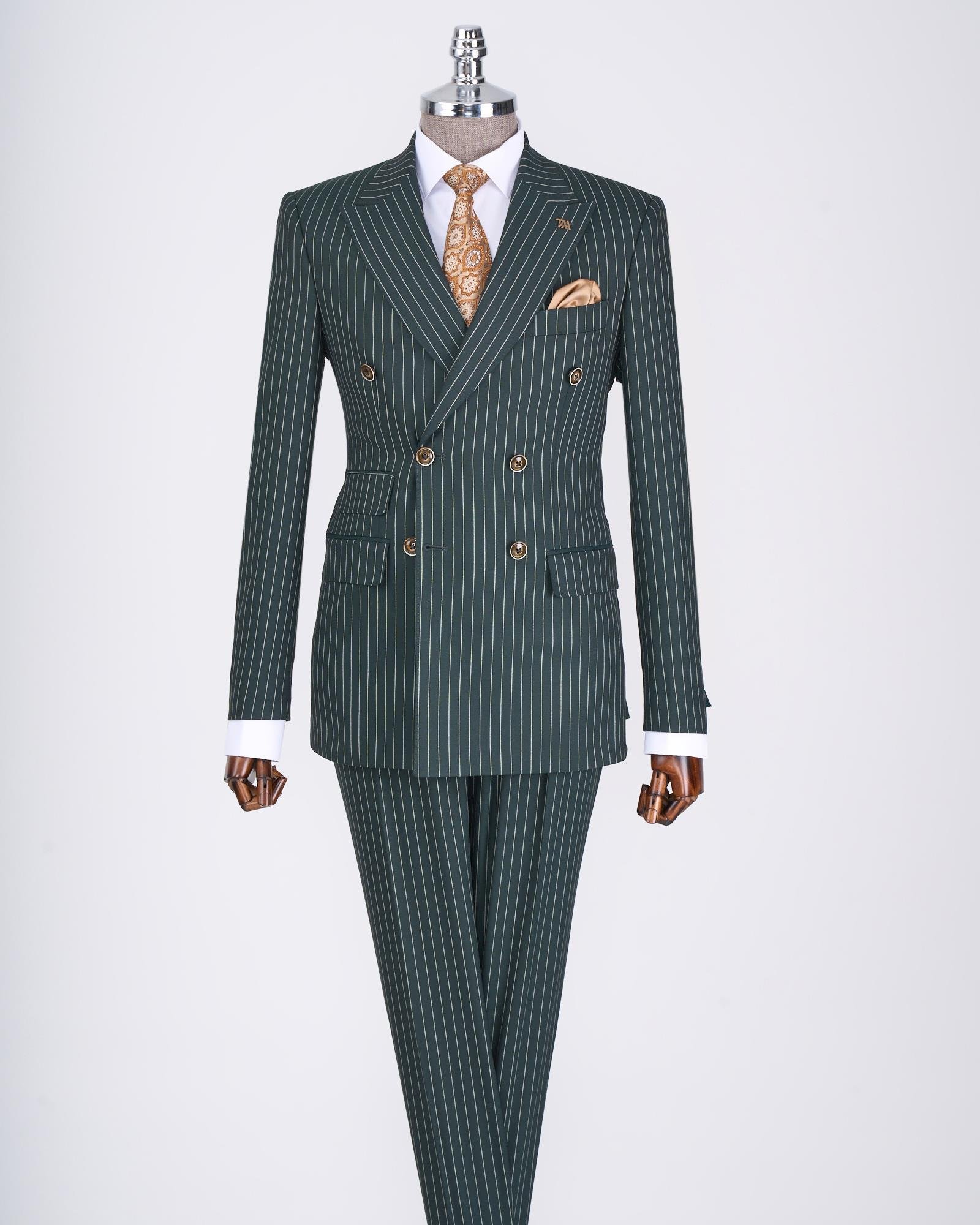 İtalyan stil slim fit çizgili kruvaze ceket pantolon takım elbise yeşil T13062