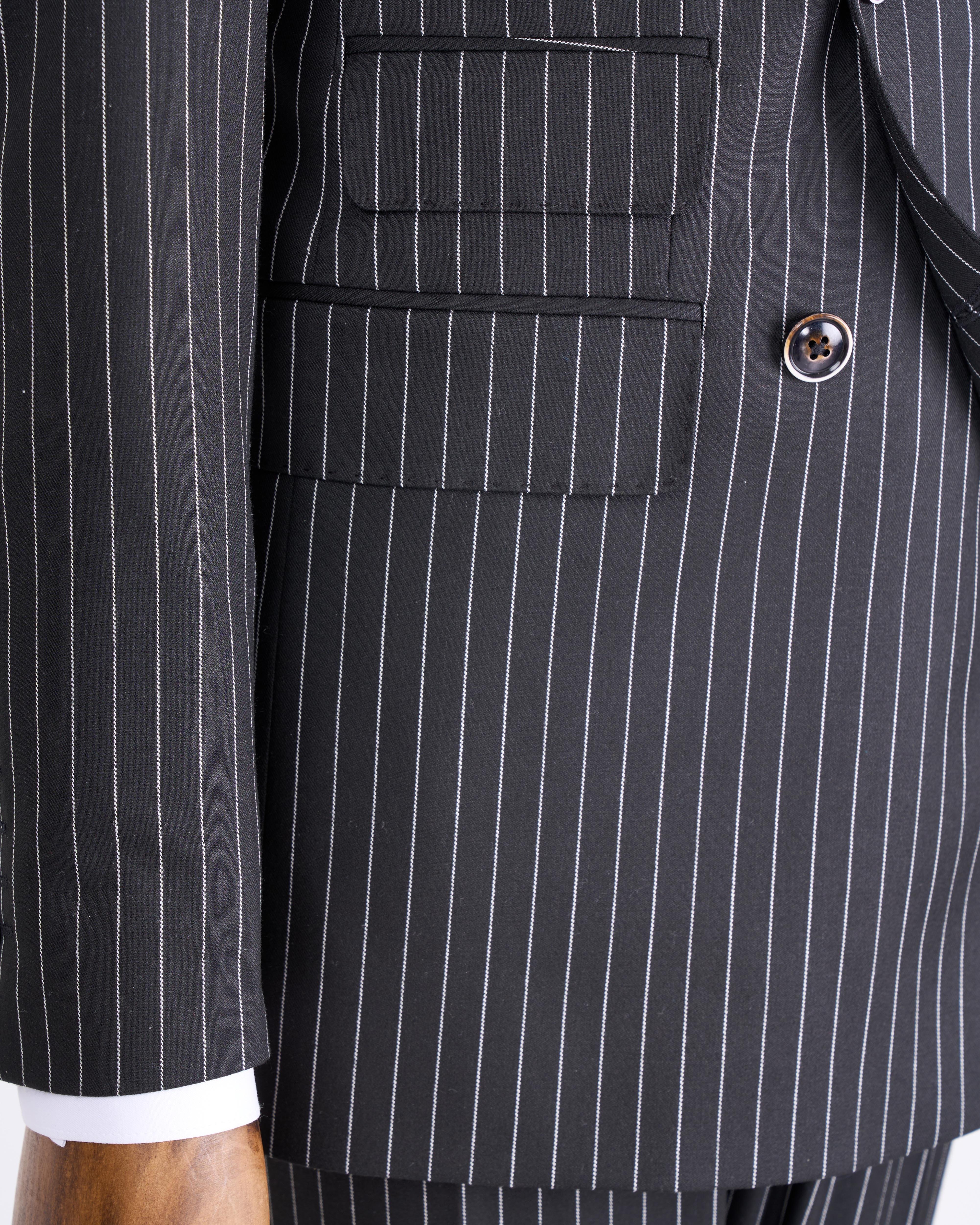İtalyan stil slim fit çizgili kruvaze ceket pantolon takım elbise siyah T13059