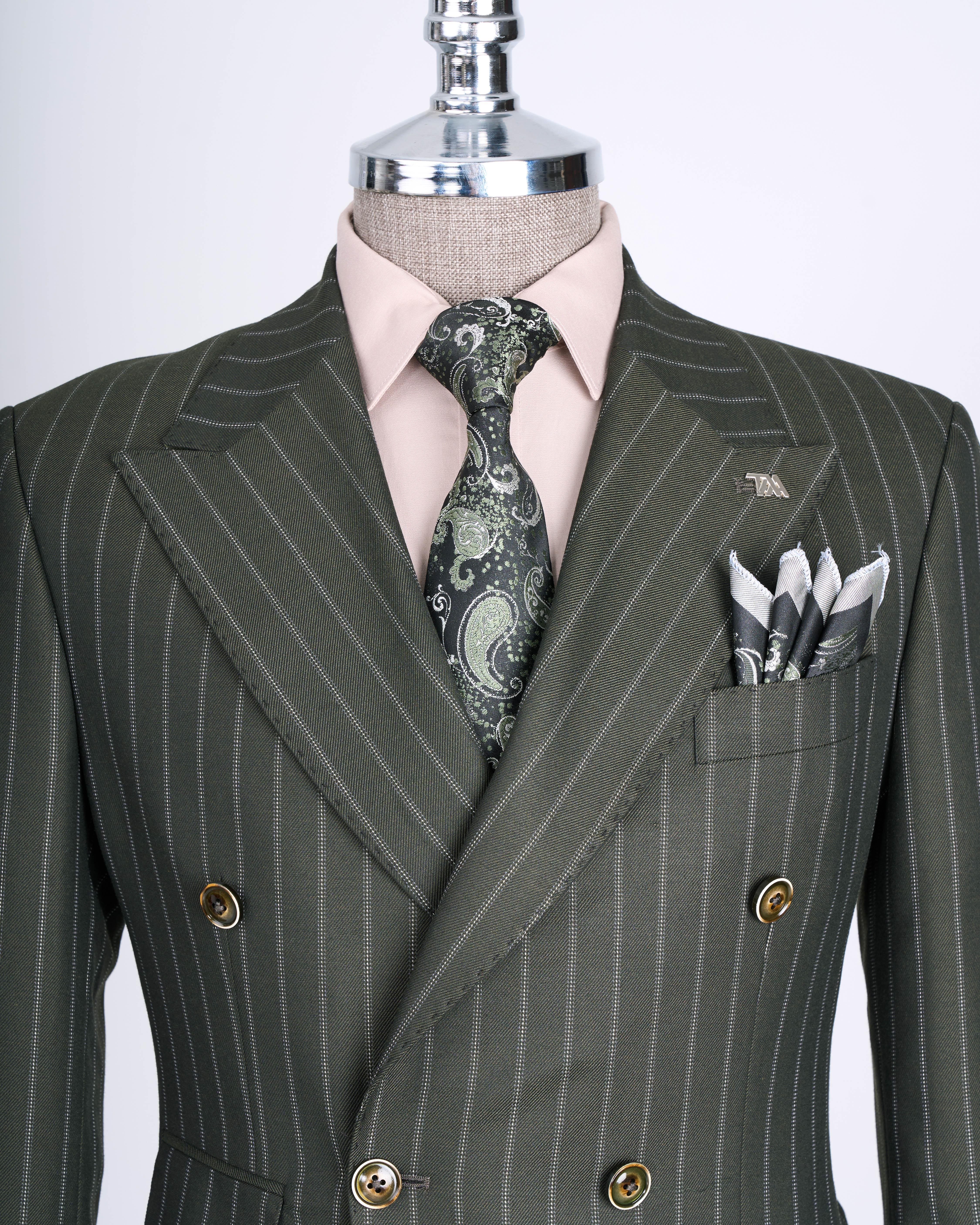 İtalyan stil slim fit çizgili kruvaze ceket pantolon takım elbise yeşil T13492