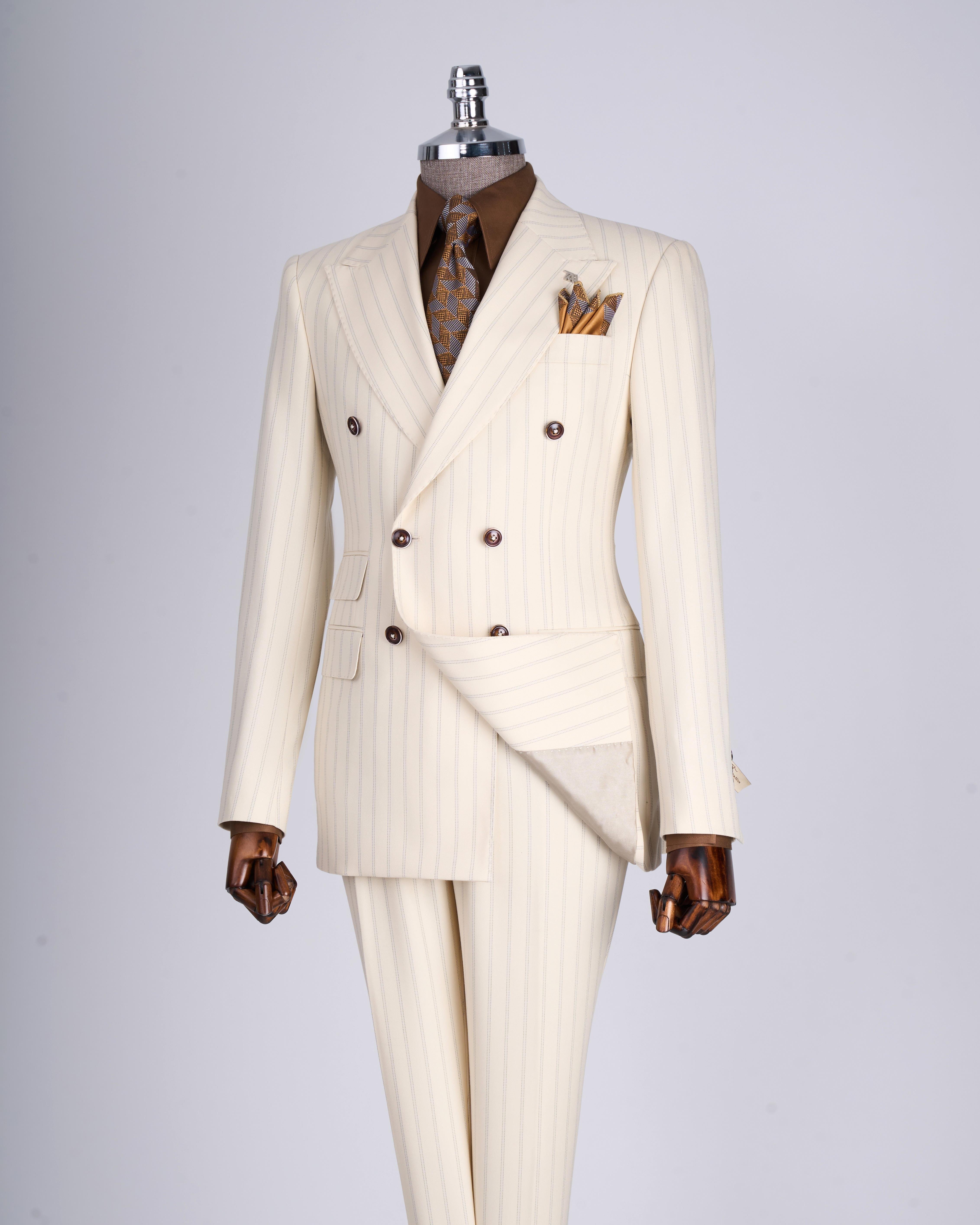 İtalyan stil slim fit çizgili kruvaze ceket pantolon takım elbise bej T13490