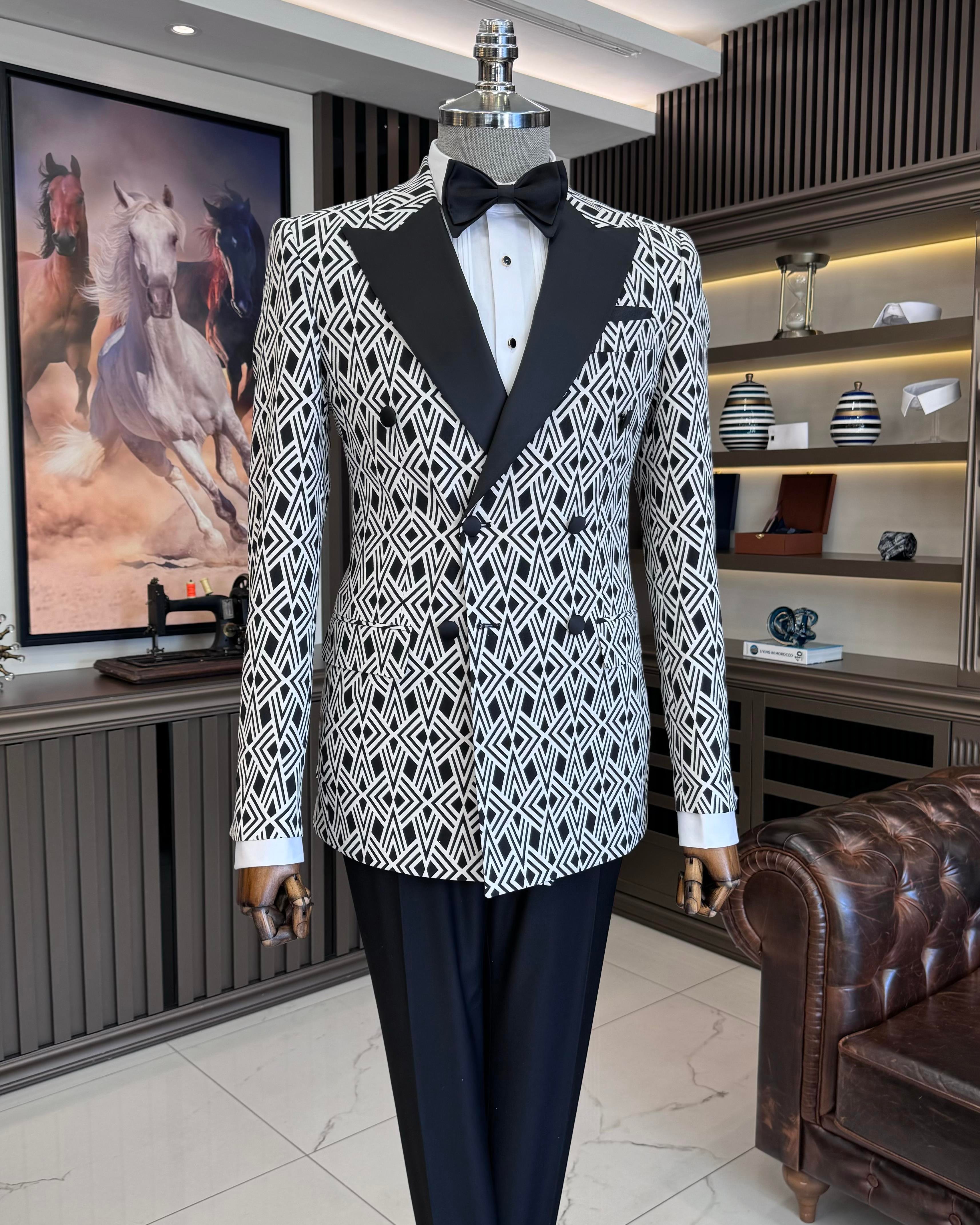 İtalyan stil slim fit desenli kruvaze ceket pantolon damatlık set siyah T11571