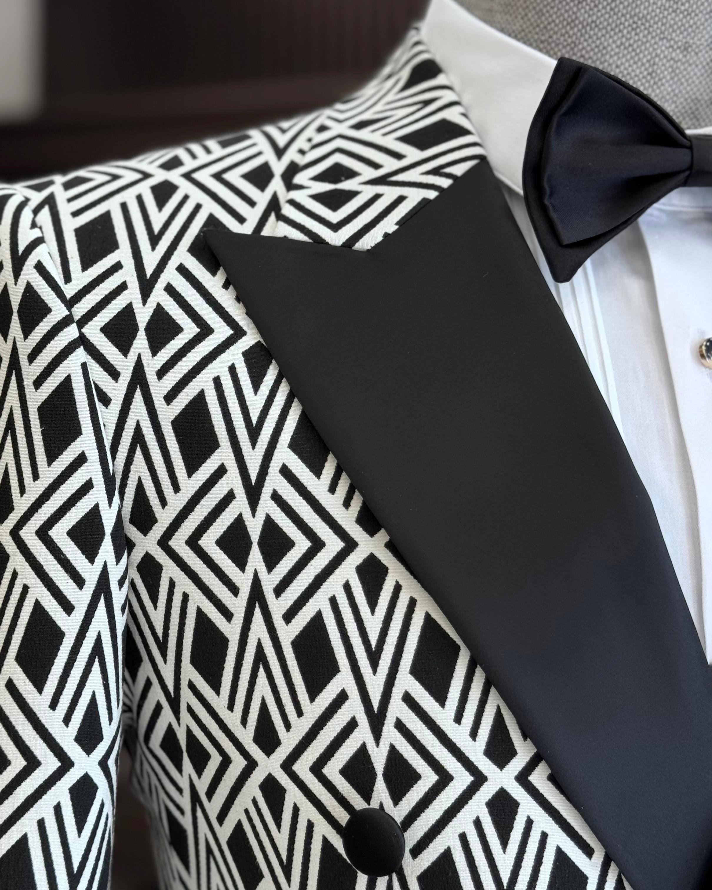 İtalyan stil slim fit desenli kruvaze ceket pantolon damatlık set siyah T11571