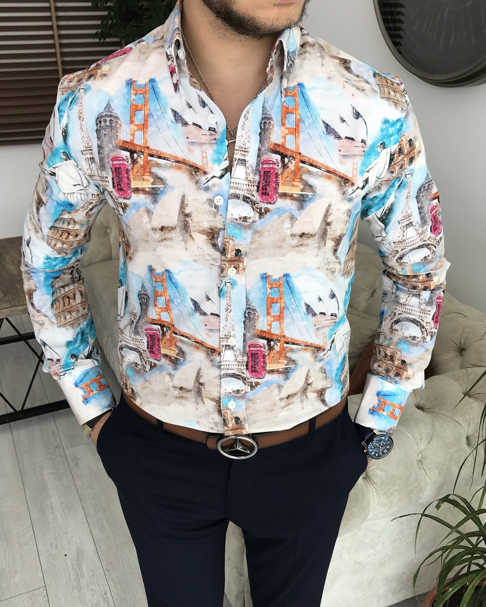 İtalyan stil slim fit dik yaka erkek desenli pamuk gömlek Çok Renkli T7187