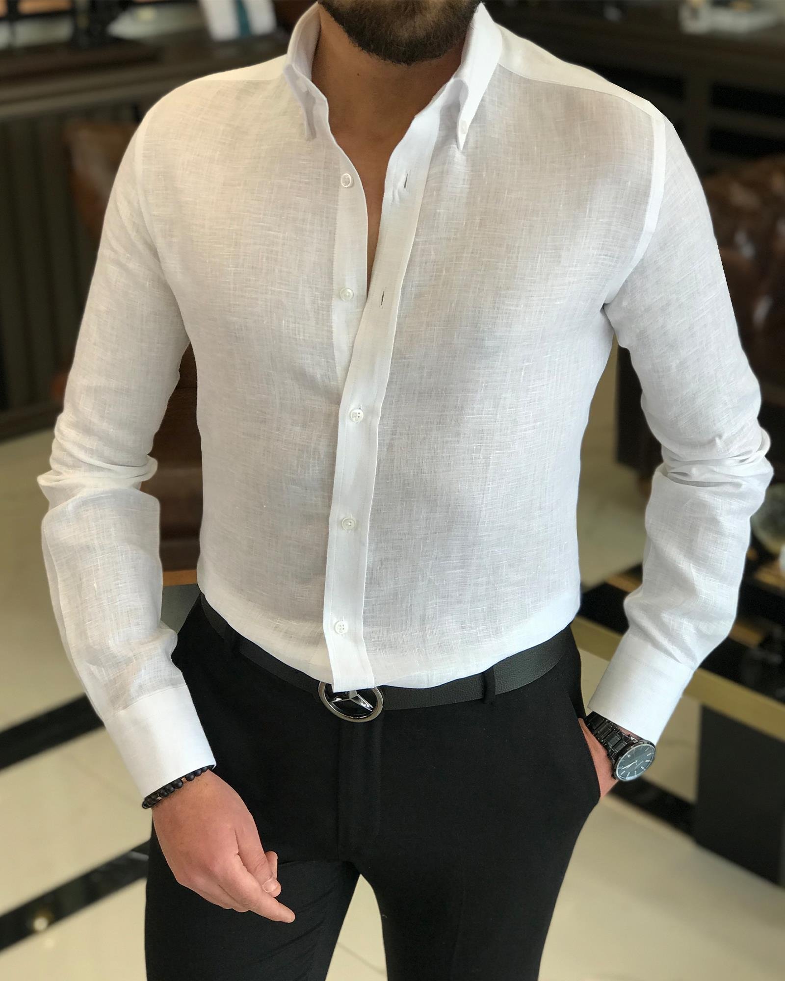 italyan stil slim fit dik yaka saf keten erkek gömlek beyaz T9324