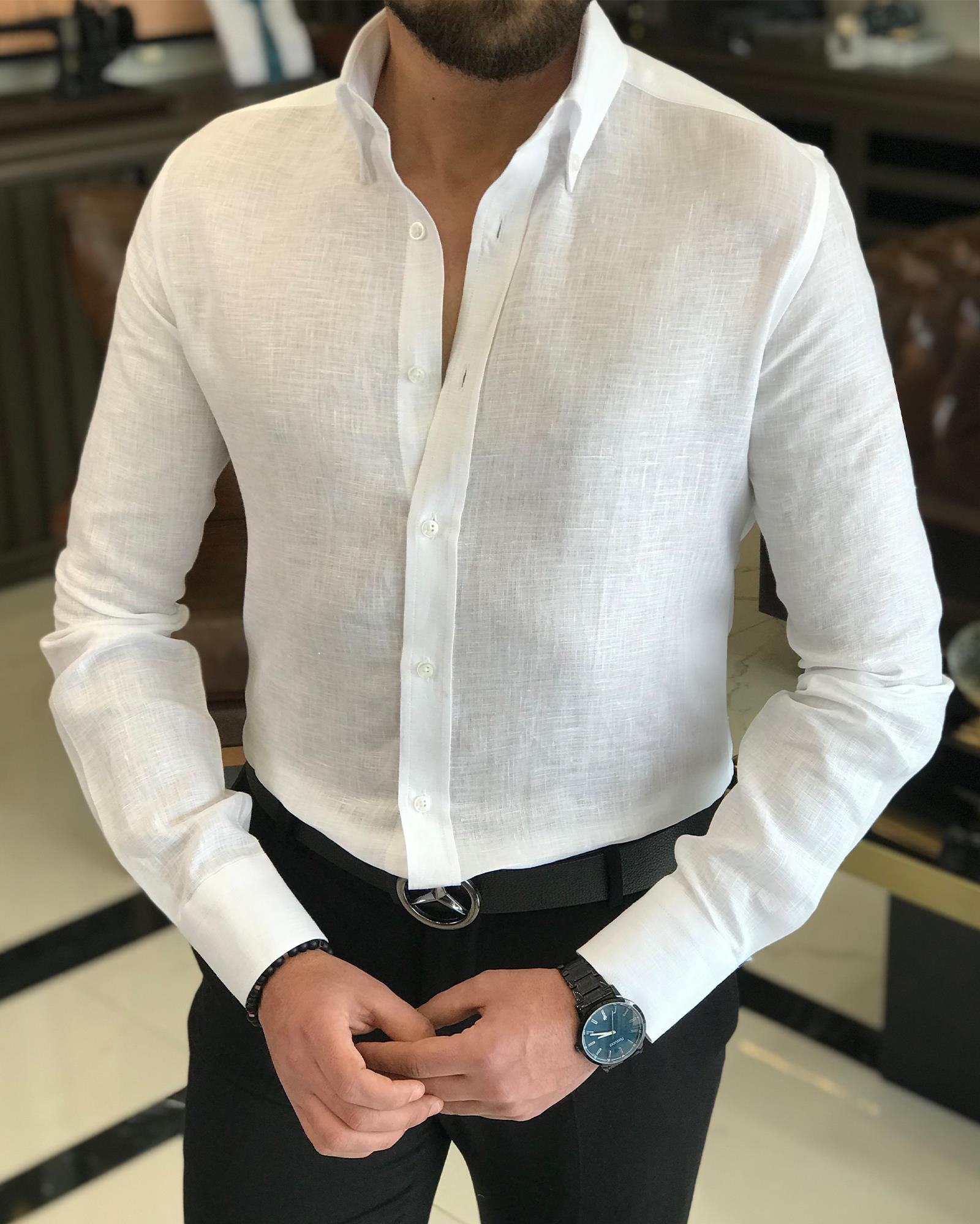 italyan stil slim fit dik yaka saf keten erkek gömlek beyaz T9324