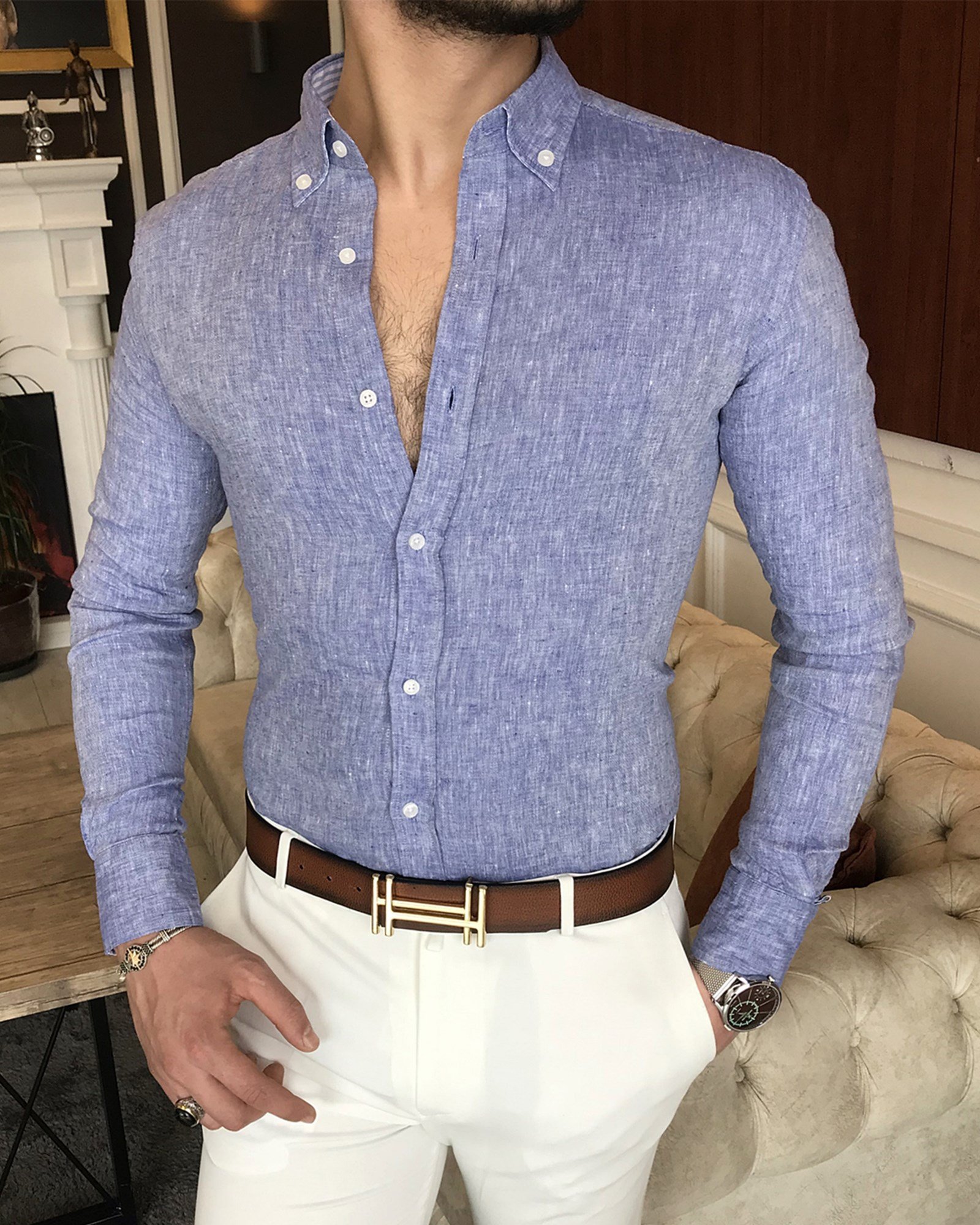 italyan stil slim fit dik yaka saf keten erkek gömlek Mavi T7080