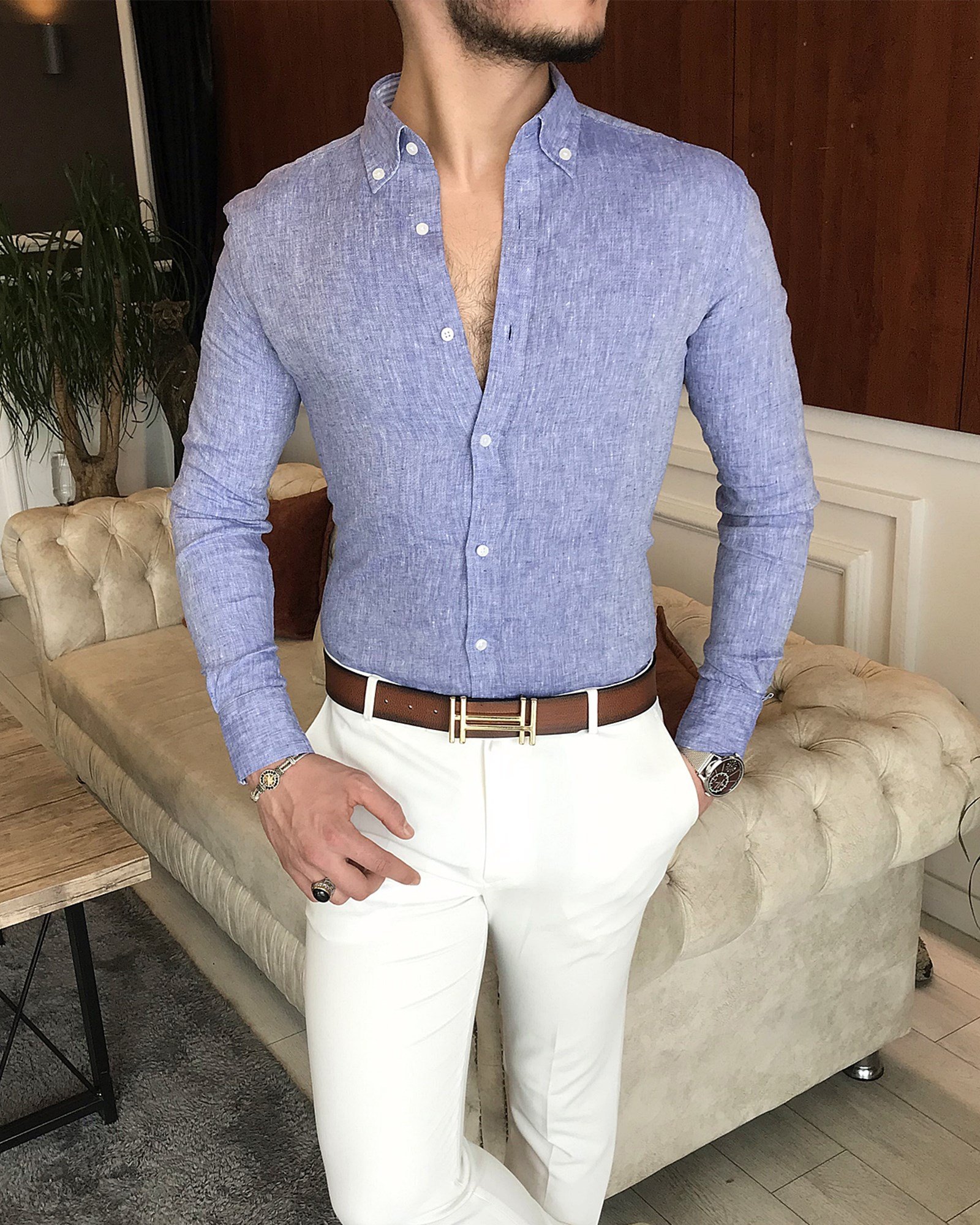 italyan stil slim fit dik yaka saf keten erkek gömlek Mavi T7080