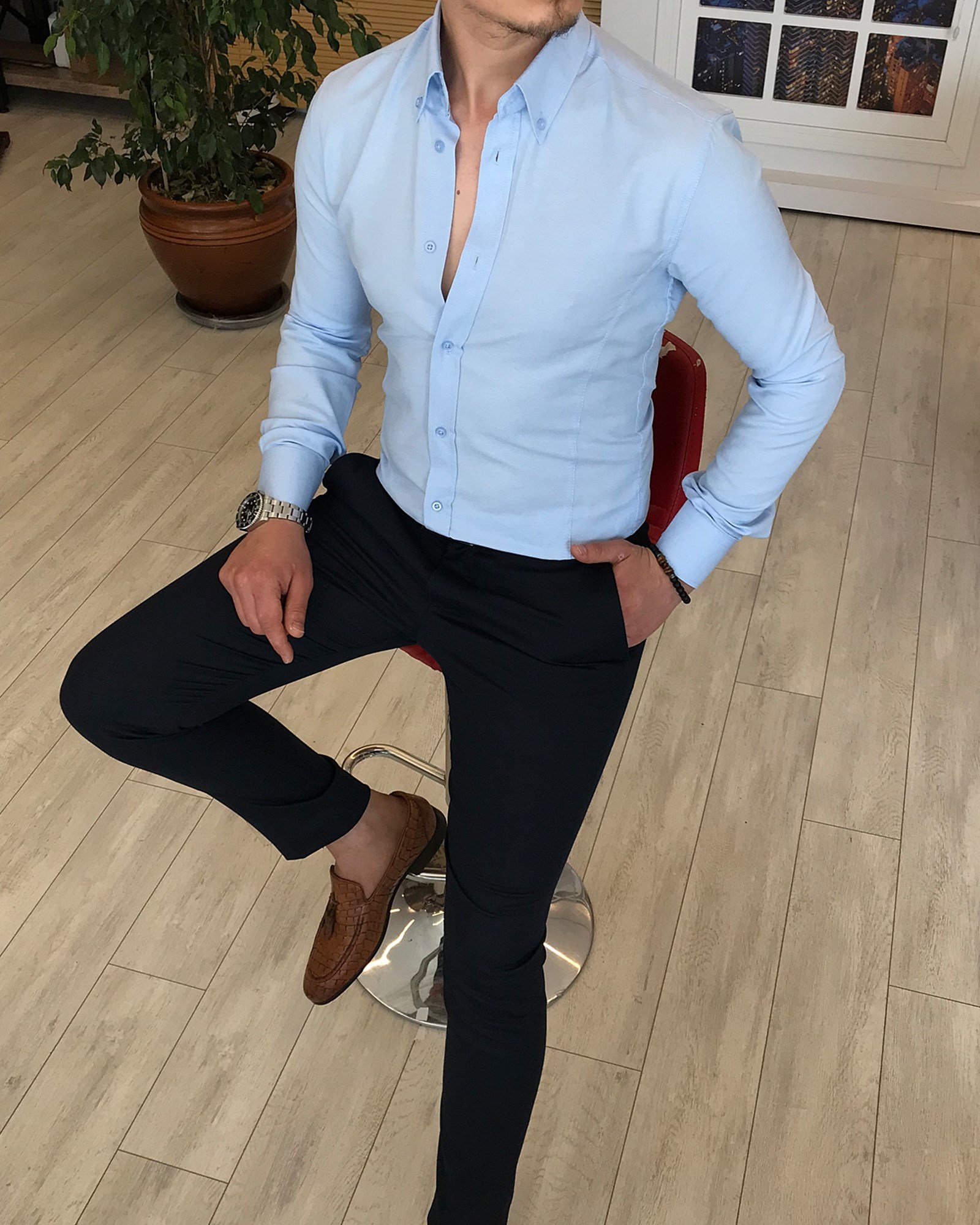 italyan stil slim fit dik yaka saten erkek gömlek Buz Mavisi T4749