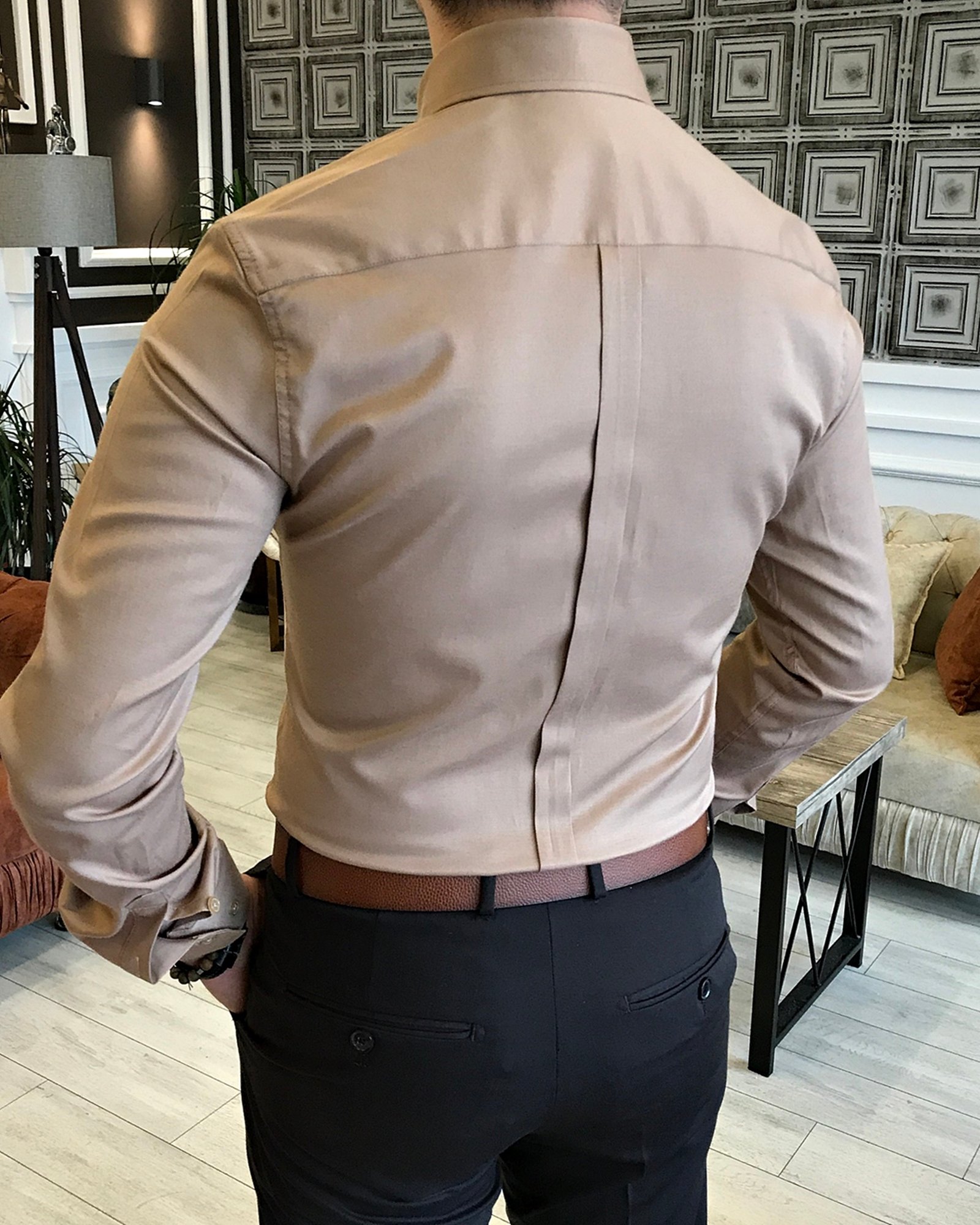 italyan stil slim fit dik yaka saten erkek gömlek Vizon T5104