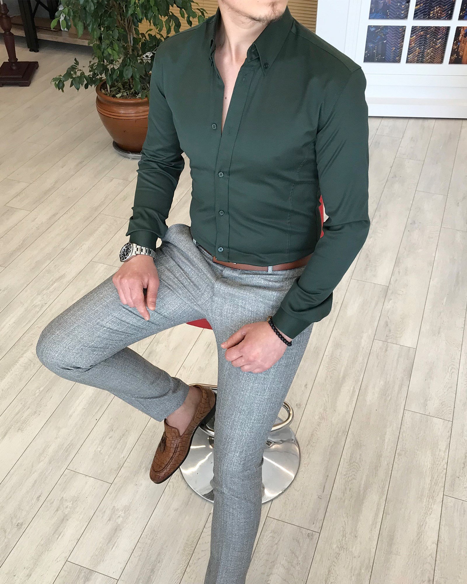 italyan stil slim fit dik yaka saten erkek gömlek Yeşil T4743