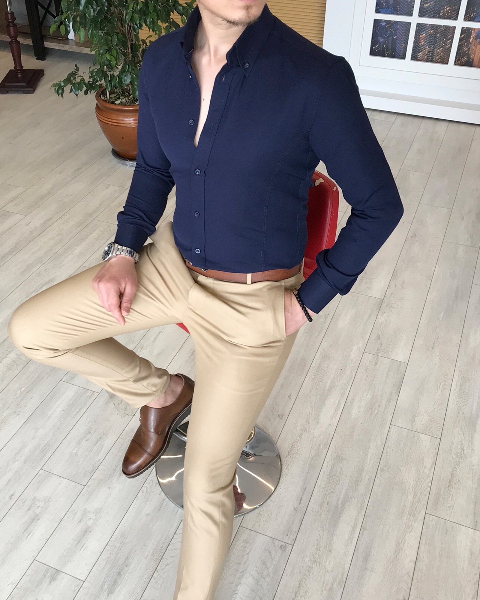 italyan stil slim fit dik yaka saten erkek gömlek Koyu Lacivert T4740