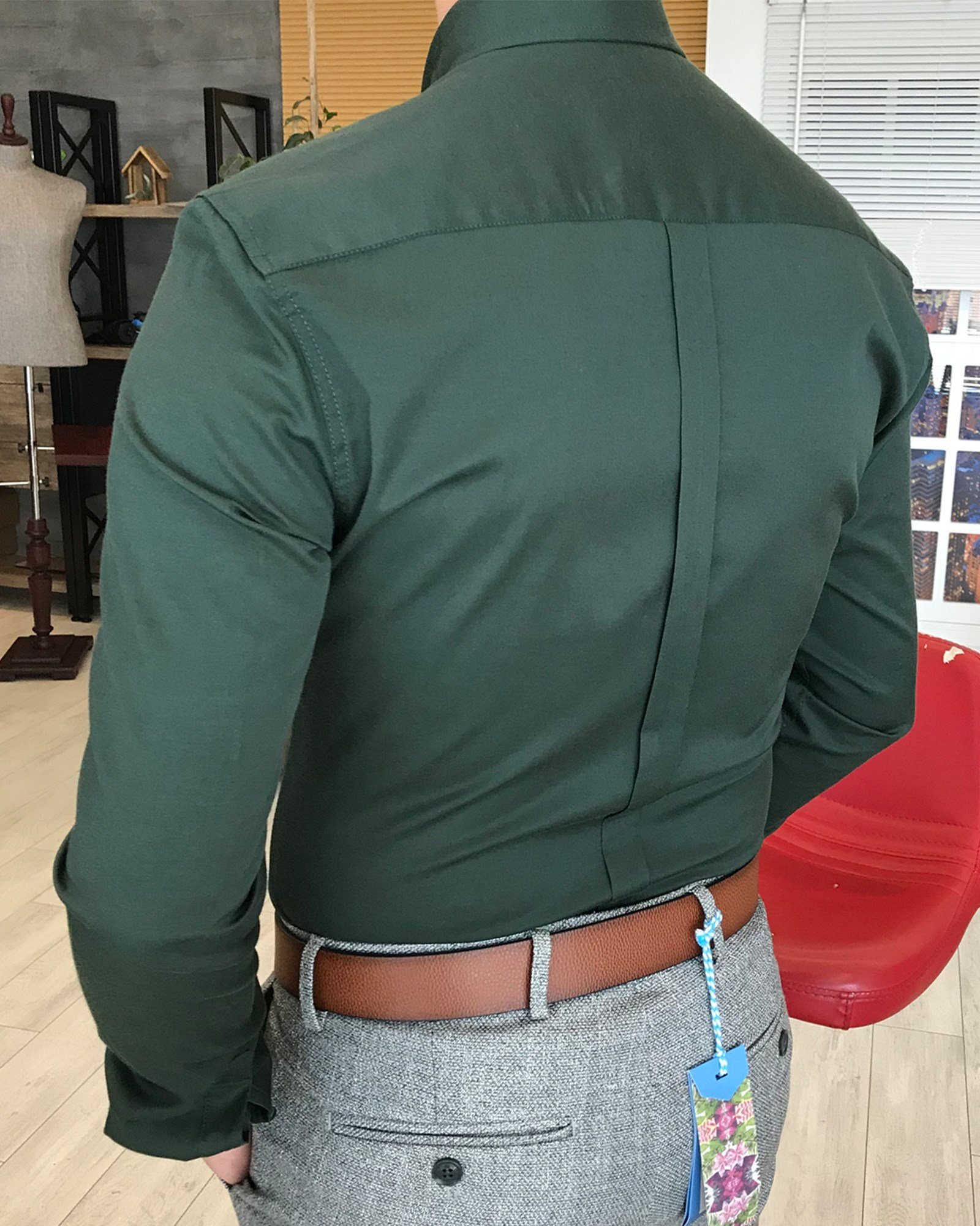 italyan stil slim fit dik yaka saten erkek gömlek Yeşil T4743