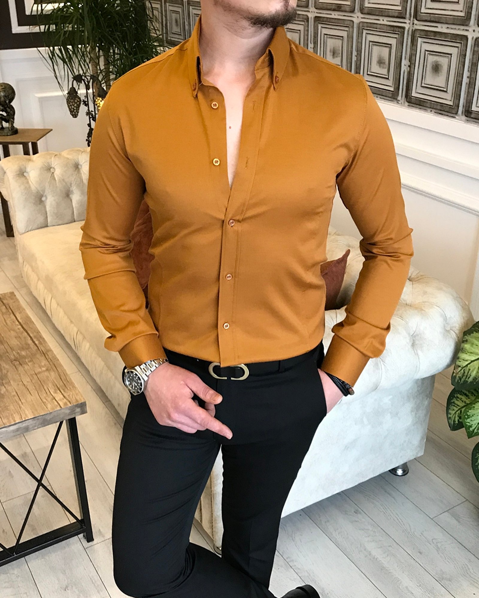 italyan stil slim fit dik yaka saten erkek gömlek Hardal T5105
