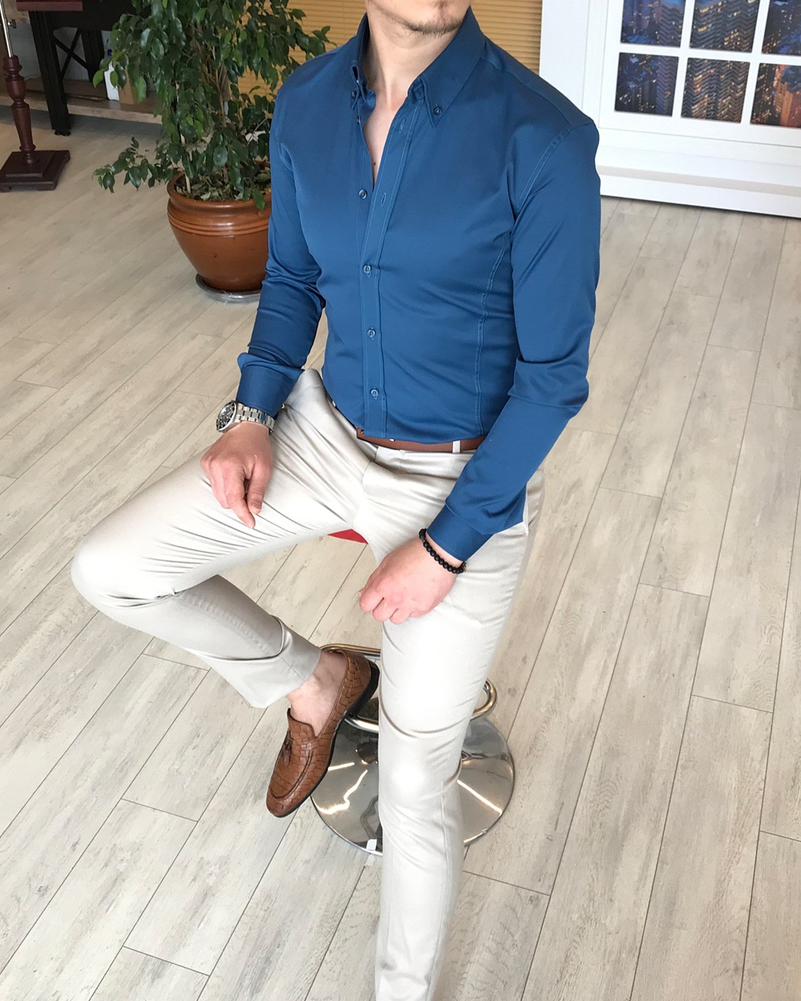 italyan stil slim fit dik yaka saten erkek gömlek Lacivert T4752