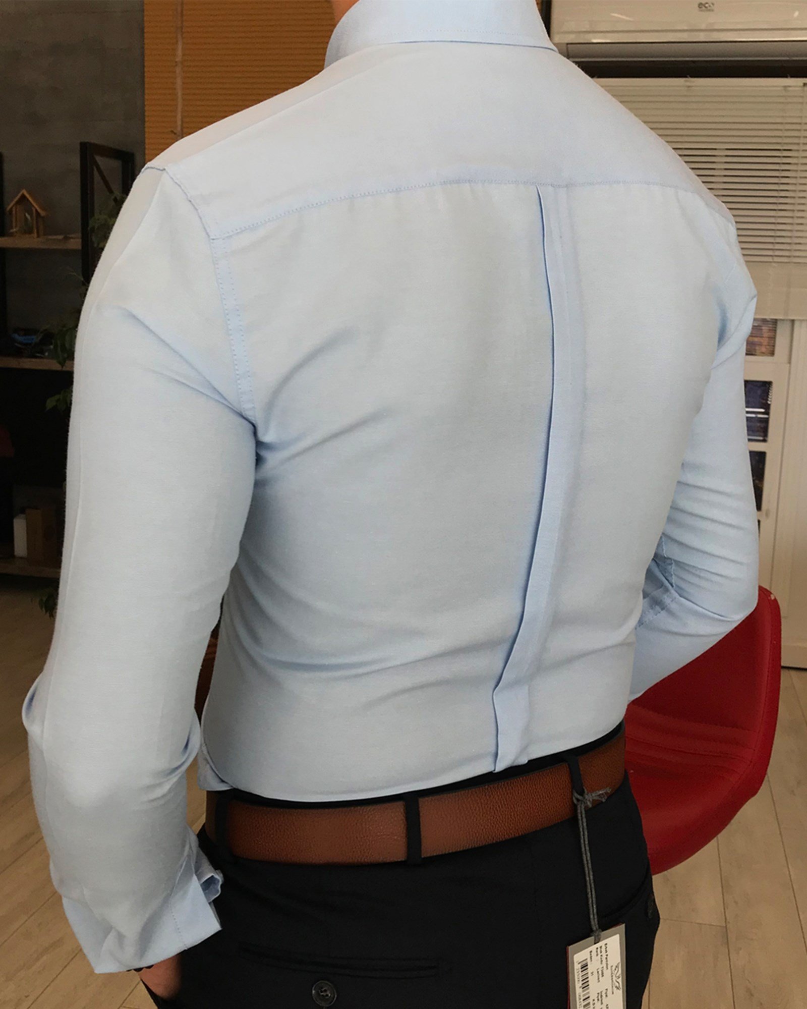 italyan stil slim fit dik yaka saten erkek gömlek Buz Mavisi T4749