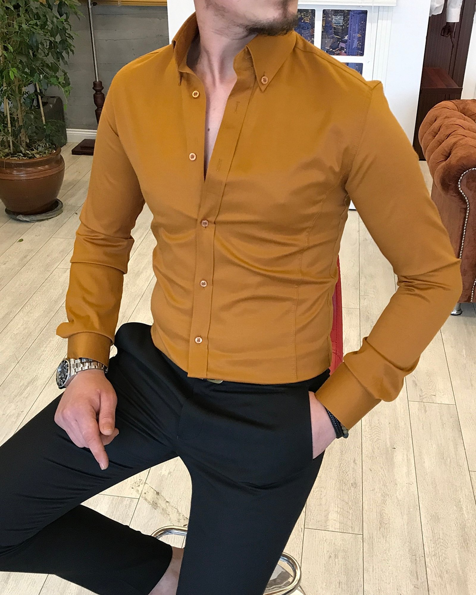 italyan stil slim fit dik yaka saten erkek gömlek Hardal T5105