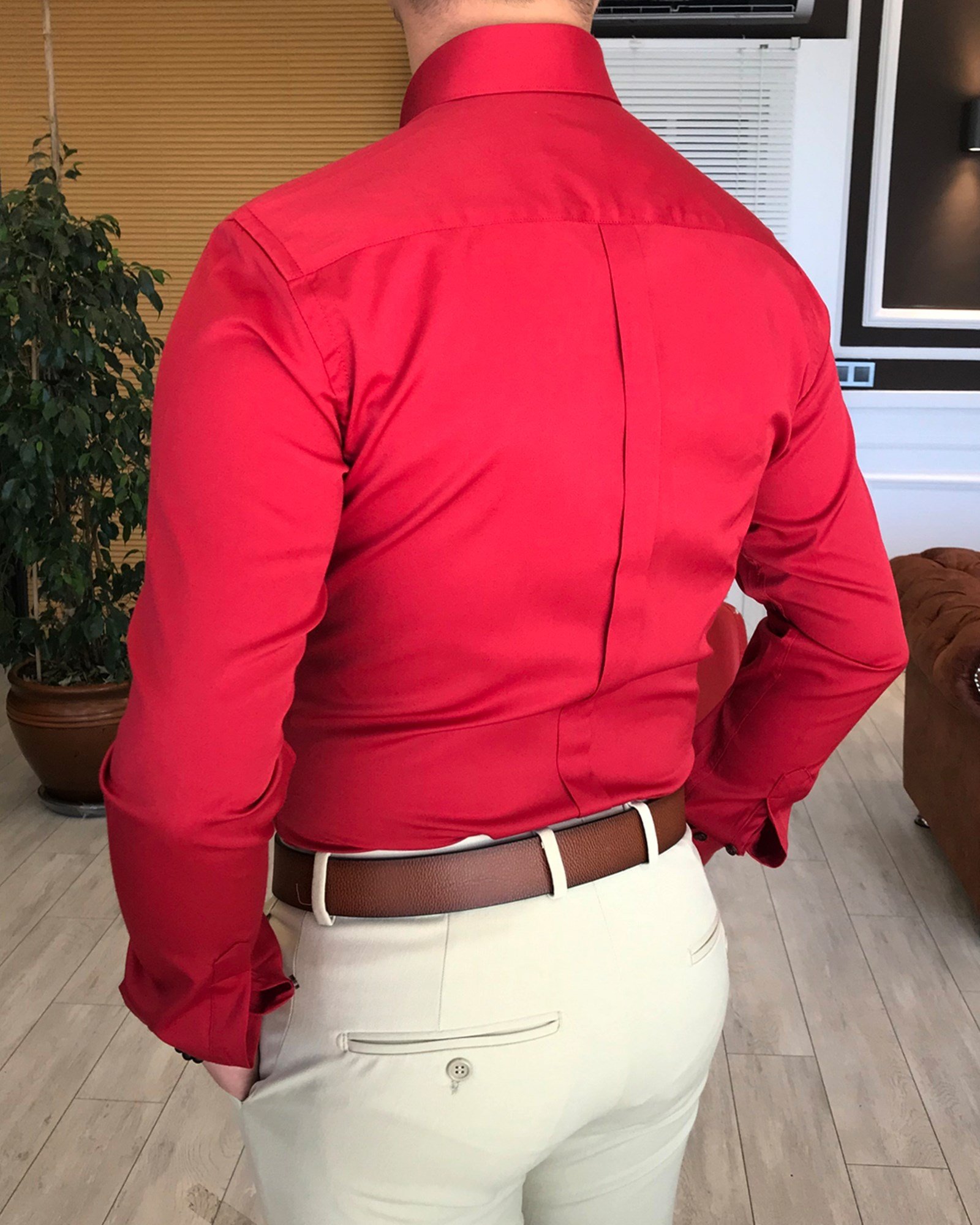 italyan stil slim fit dik yaka saten  erkek kırmızı gömlek T4113