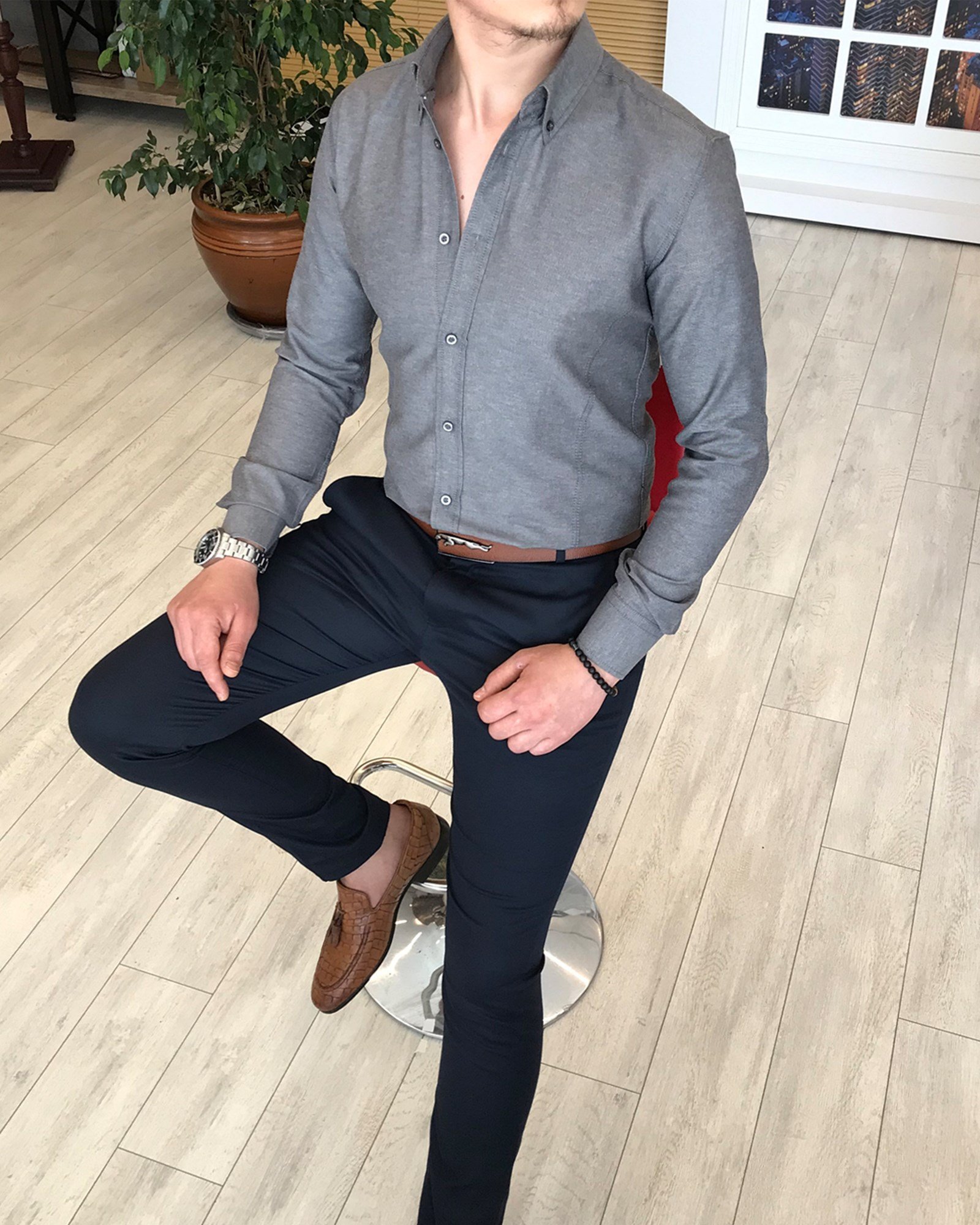 italyan stil slim fit dik yaka saten erkek gömlek Gri T4738
