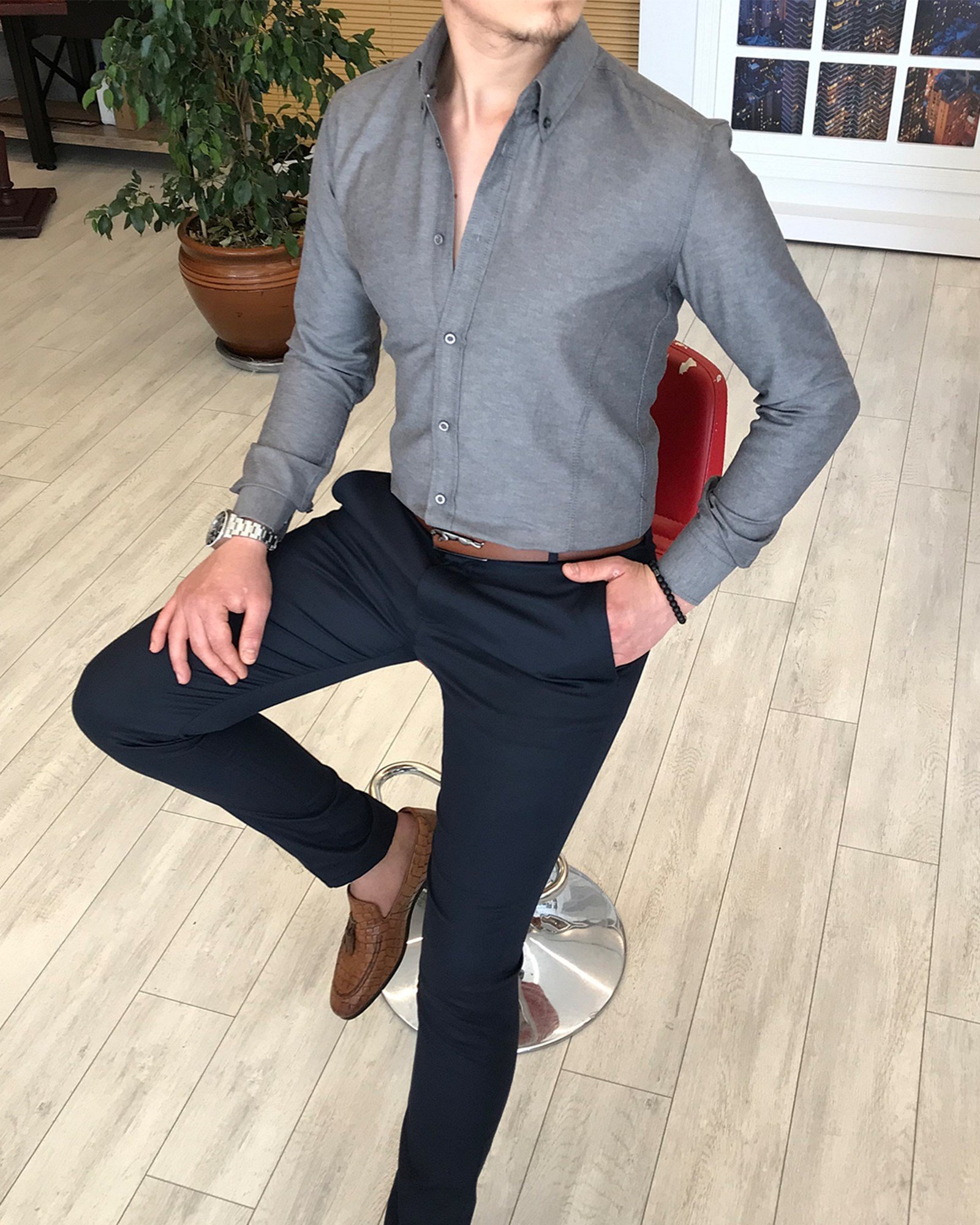 italyan stil slim fit dik yaka saten erkek gömlek Gri T4738
