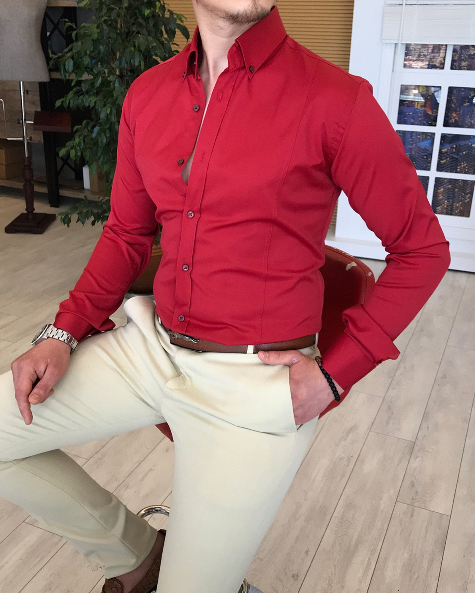 italyan stil slim fit dik yaka saten  erkek kırmızı gömlek T4113