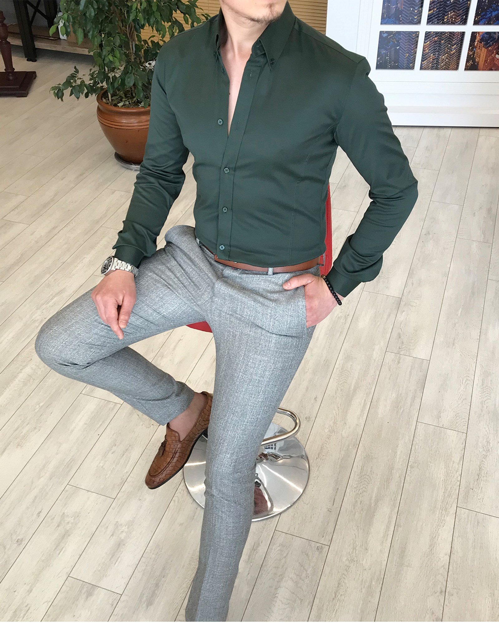 italyan stil slim fit dik yaka saten erkek gömlek Yeşil T4743