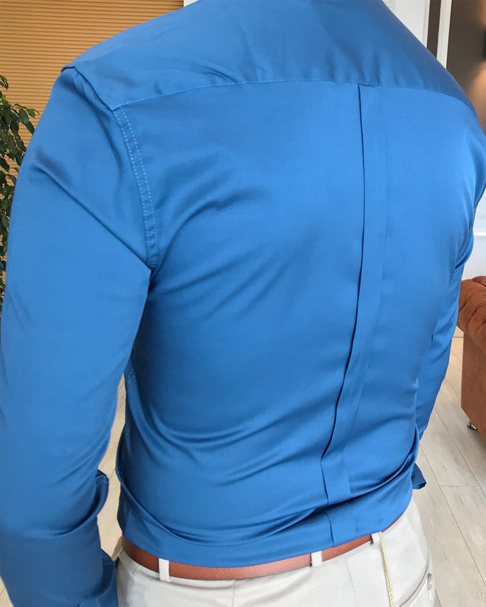 italyan stil slim fit dik yaka saten erkek gömlek Lacivert T4752