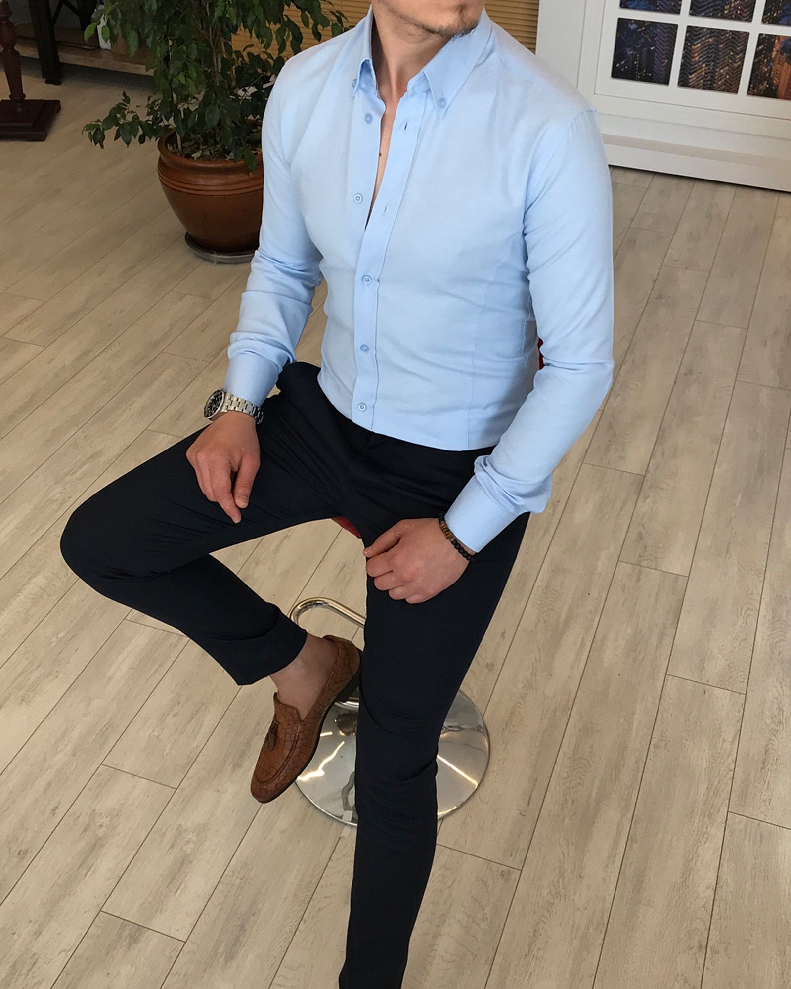 italyan stil slim fit dik yaka saten erkek gömlek Buz Mavisi T4749