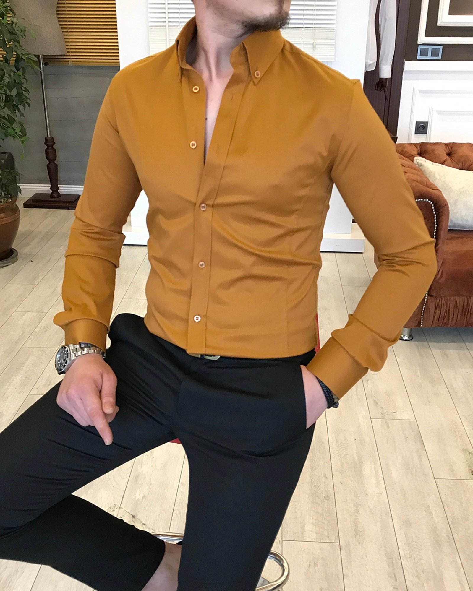 italyan stil slim fit dik yaka saten erkek gömlek Hardal T5105