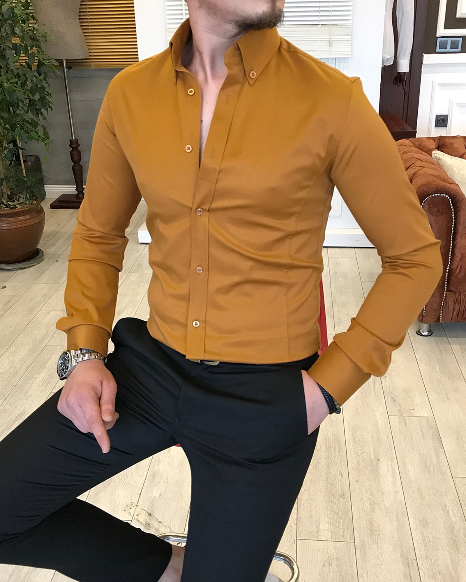 italyan stil slim fit dik yaka saten erkek gömlek Hardal T5105