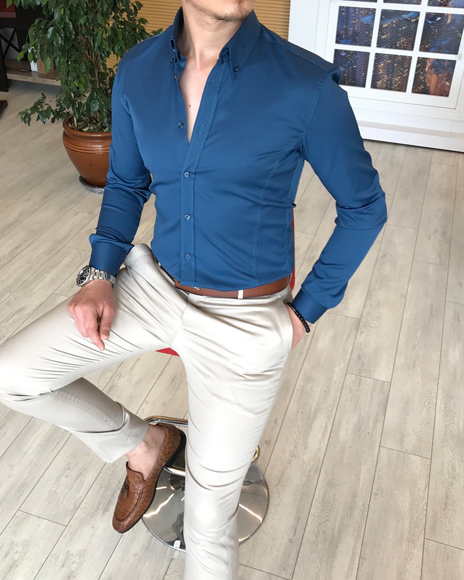 italyan stil slim fit dik yaka saten erkek gömlek Lacivert T4752