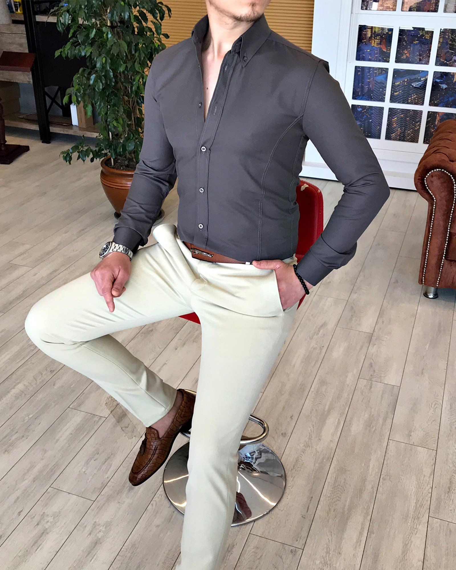 italyan stil slim fit dik yaka saten erkek gömlek Koyu Gri T4737