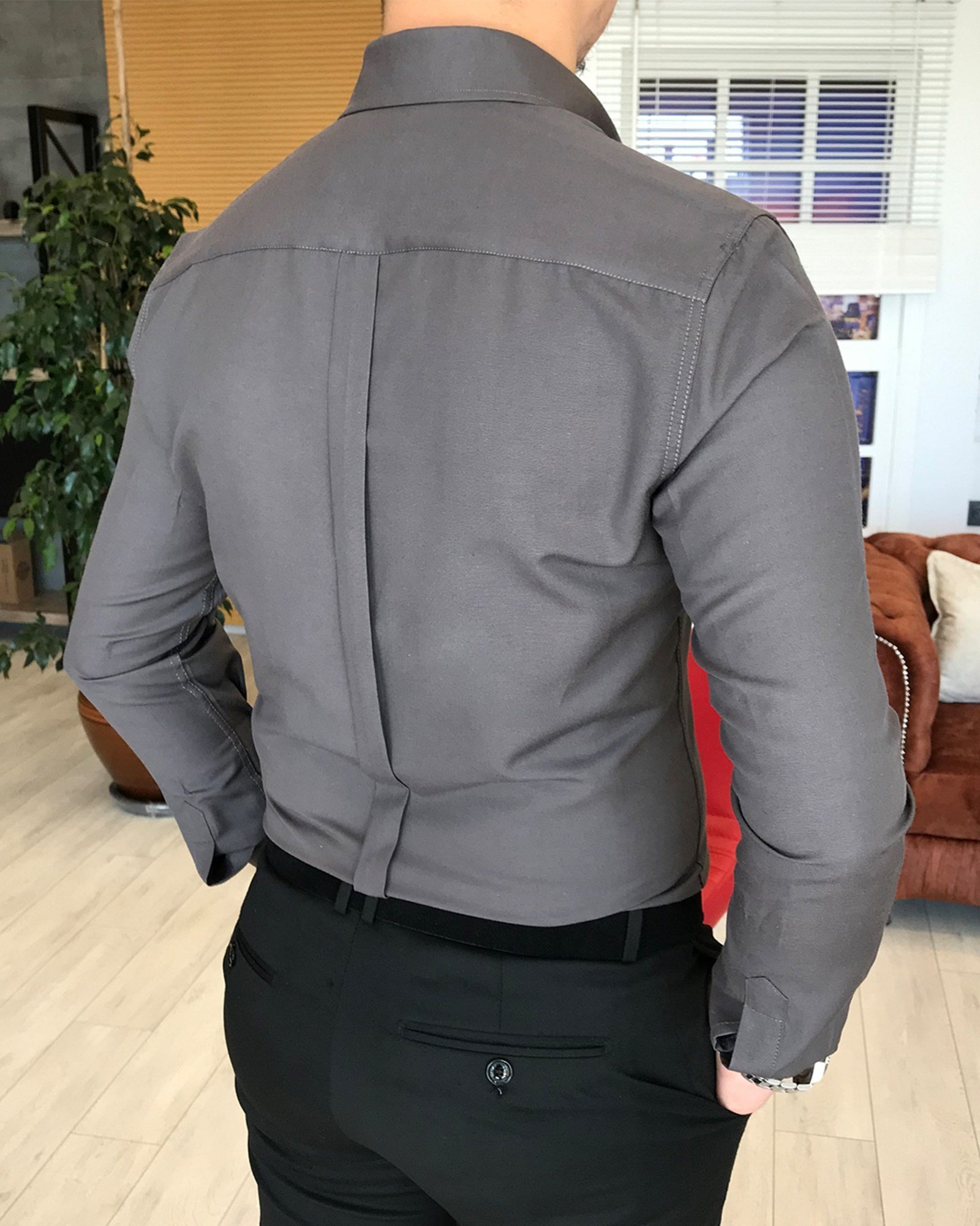 italyan stil slim fit dik yaka saten erkek gömlek Koyu Gri T4737