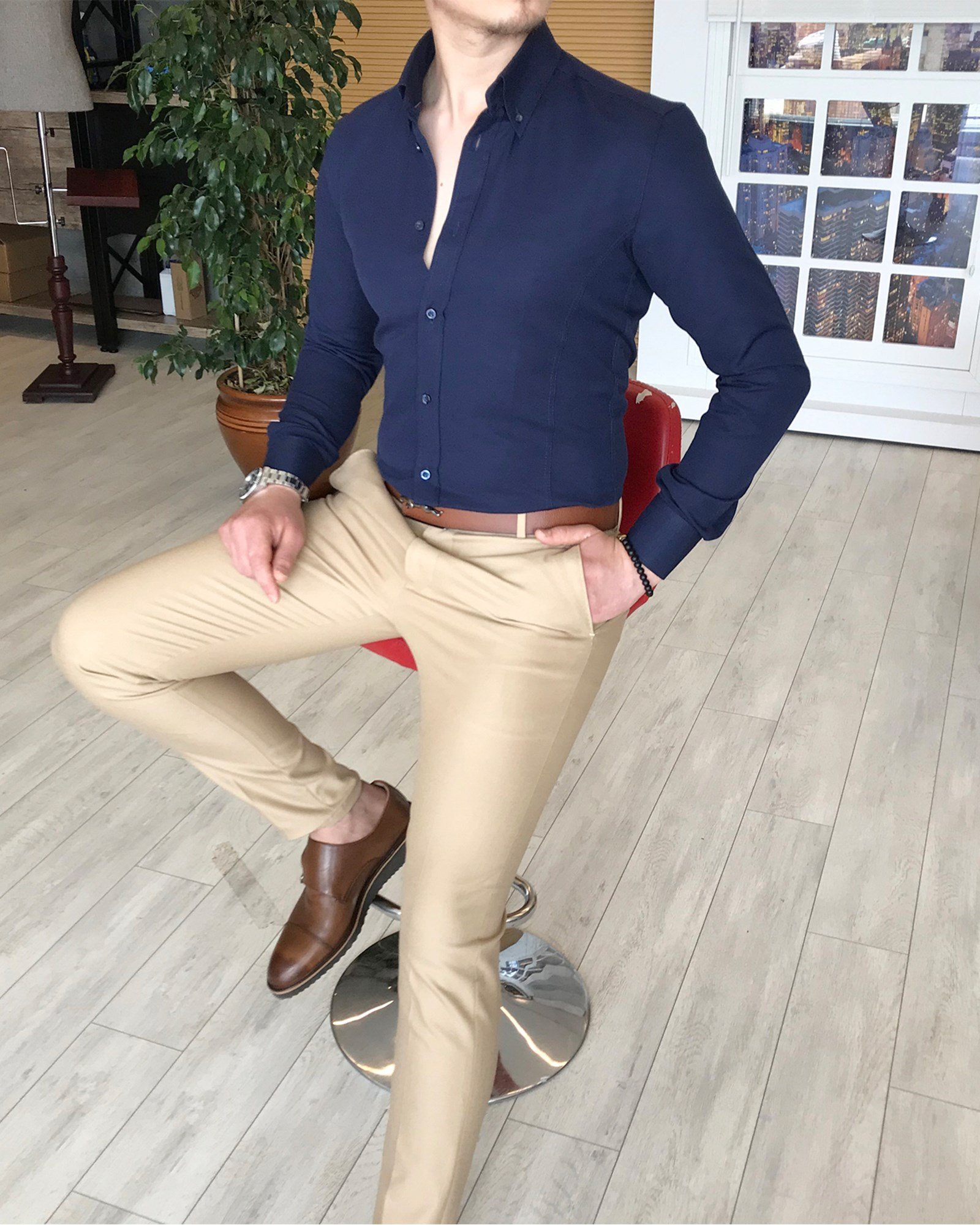 italyan stil slim fit dik yaka saten erkek gömlek Koyu Lacivert T4740