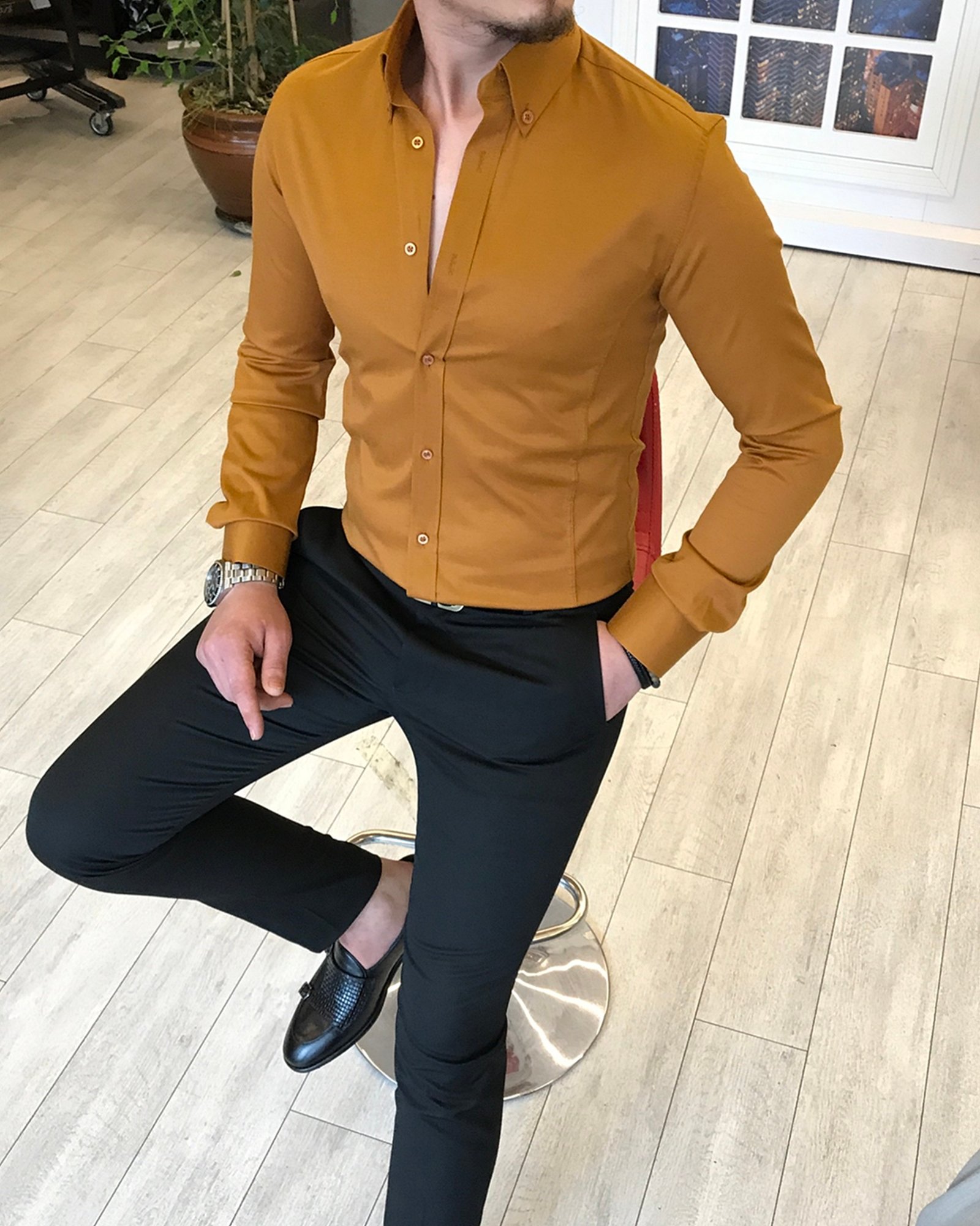 italyan stil slim fit dik yaka saten erkek gömlek Hardal T5105